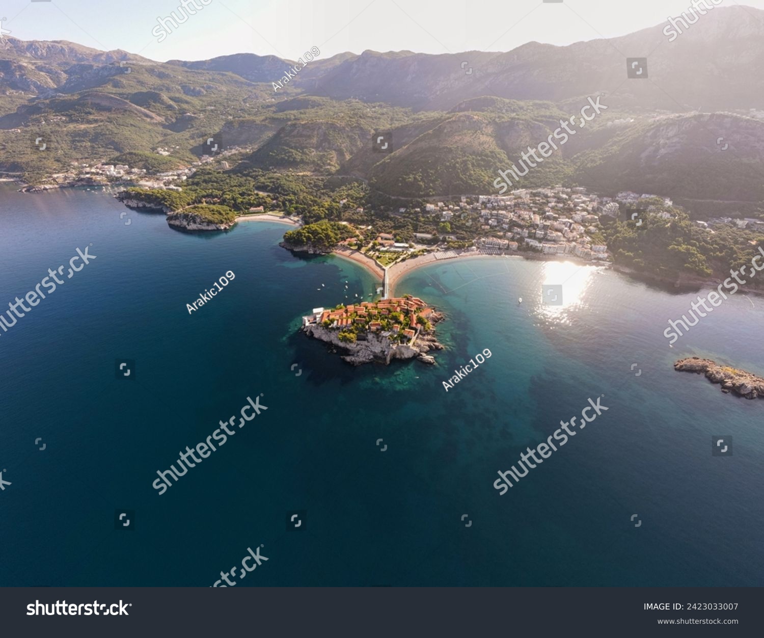 Beautiful shot drone above Sveti Stefan in Adriatic sea, Montenegro, Jadransko more, Crna Gora, Aerial #2423033007