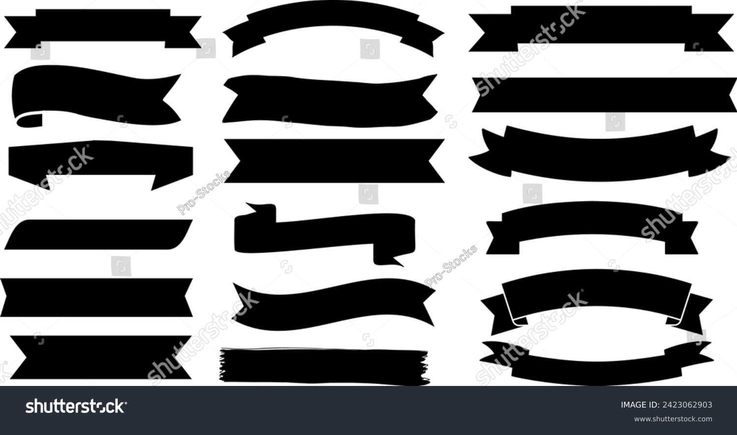 Black banner, ribbon silhouette vector set. Perfect for title, decoration, design. Editable, customizable. Bold shapes, modern to vintage styles. Straight edged, curved, waved designs #2423062903