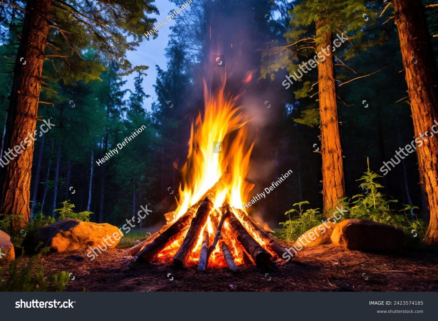 Burning campfire on a dark night in a forest. The bonfire burns in the forest. camp fire in the autumn during vacation in the mountains. Beautiful landscape of nature and trees. Sparks and flames.
 #2423574185