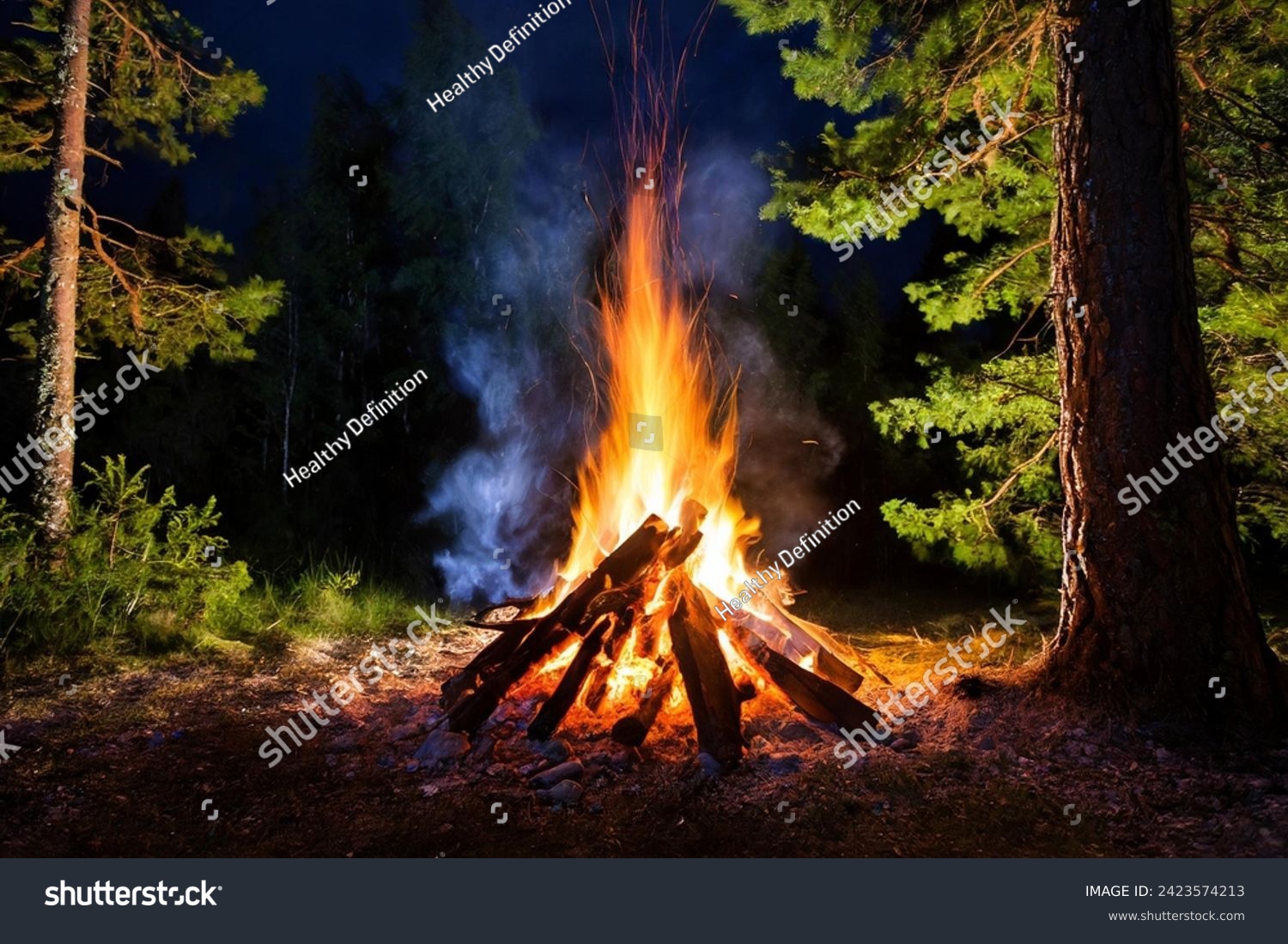 Burning campfire on a dark night in a forest. The bonfire burns in the forest. camp fire in the autumn during vacation in the mountains. Beautiful landscape of nature and trees. Sparks and flames.
 #2423574213