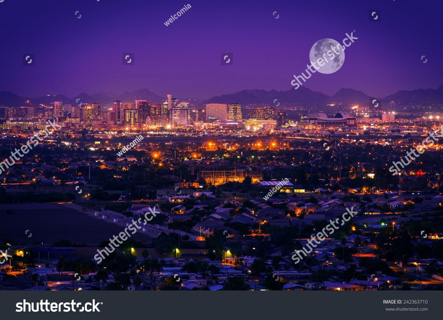 Phoenix Arizona Skyline at Night. Full Moon Over Phoenix, Arizona, United States. #242363710
