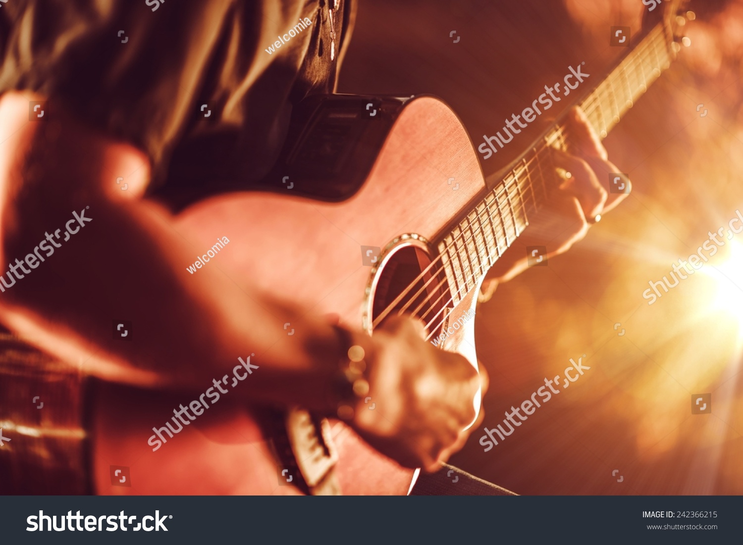 Acoustic Guitar Playing. Men Playing Acoustic Guitar Closeup Photography. #242366215
