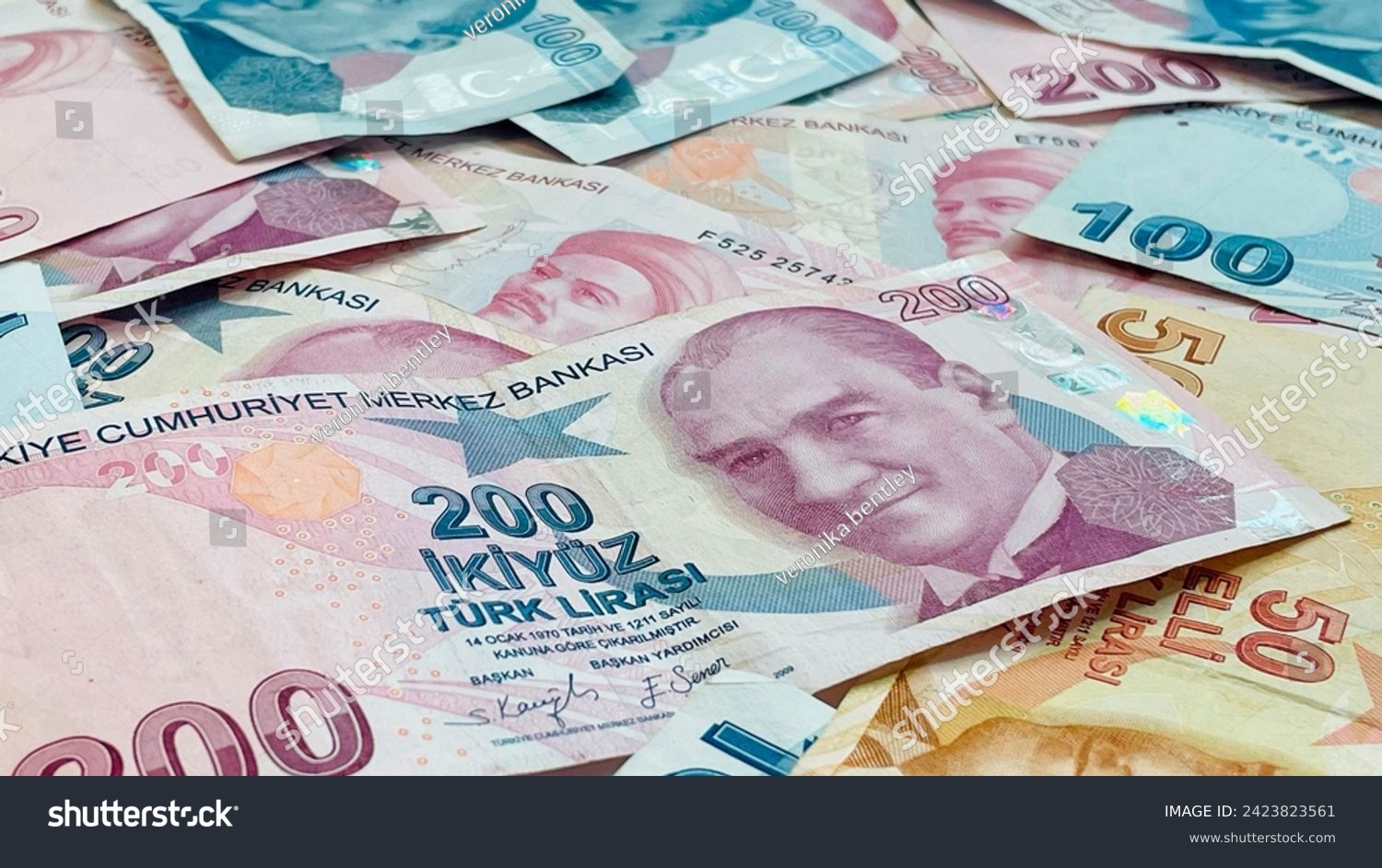 Background of Turkish lira. Turkish money. 50, 100 and 200 tl notes. Banner for website, desktop wallpaper, copy space for text and advertising, blank, empty, white, clear space #2423823561