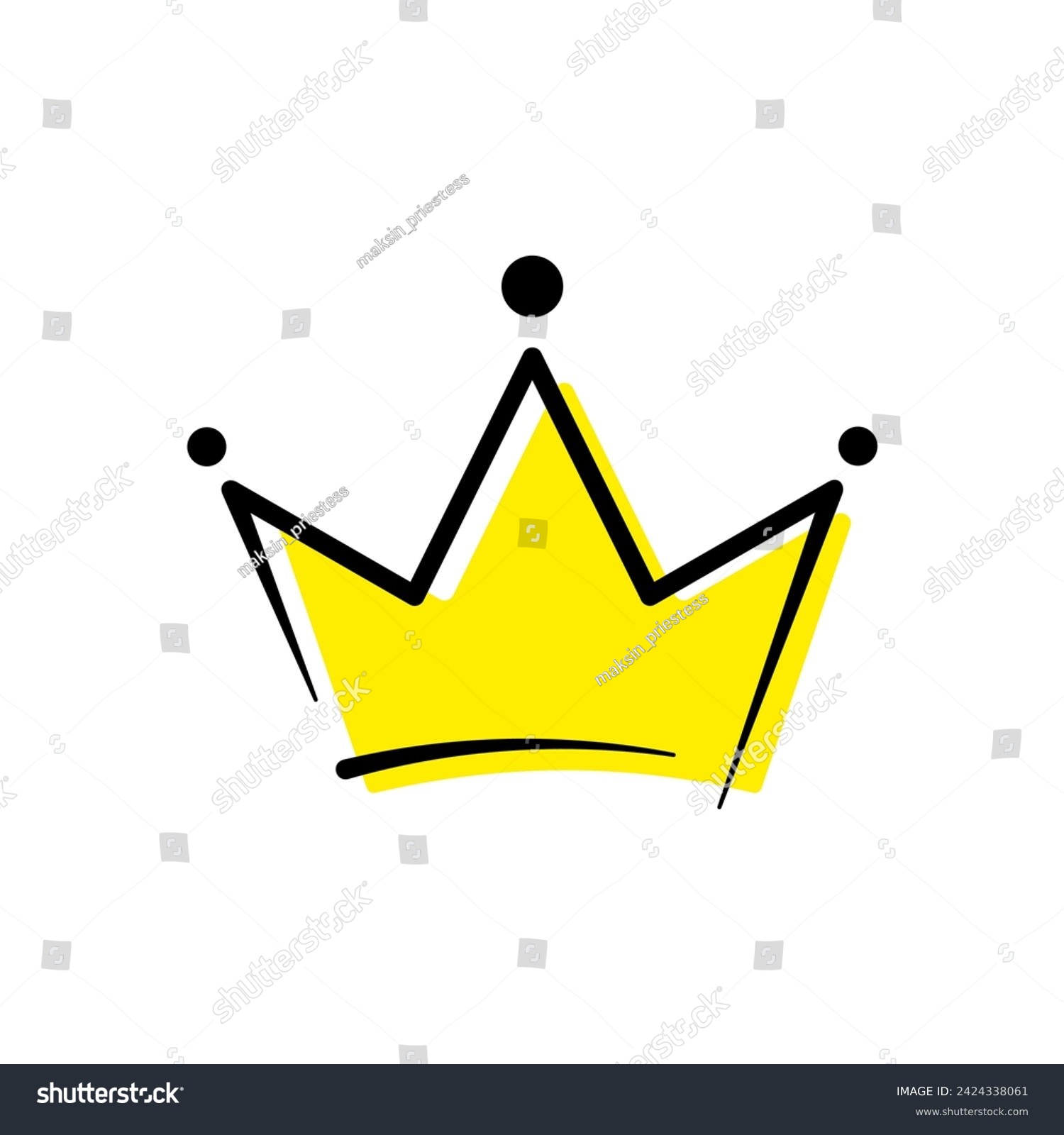 Crown doodle illustration. Stylized yellow drawing with black outline on white background. Best for web, print, logo creating and branding design. #2424338061