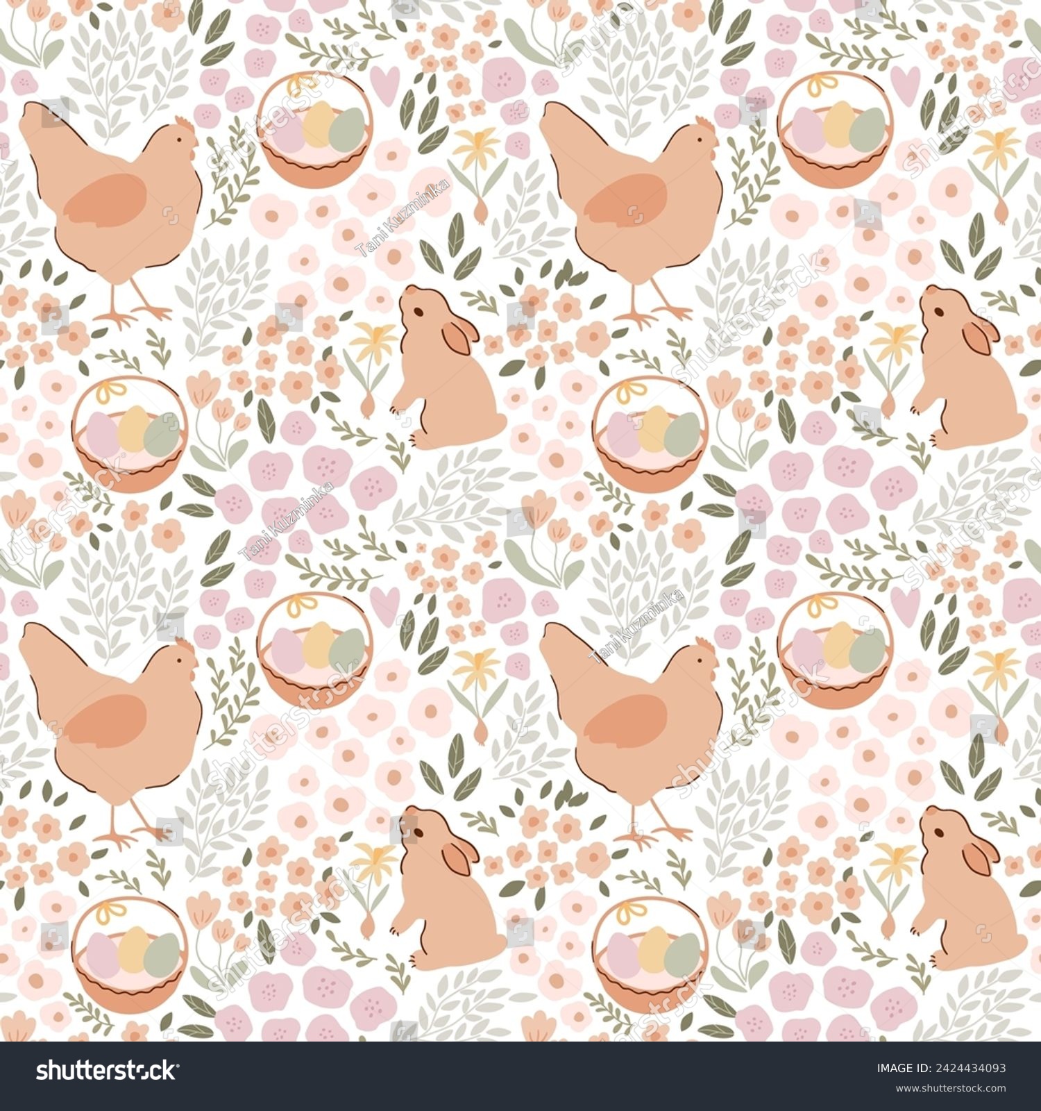 Gentle beige floral Easter bunny, hen, eggs in basket seamless pattern. Cute baby rabbit, tiny flowers, spring field. Pastel farm animal repeat background fabric cottage core wallpaper, textile design #2424434093
