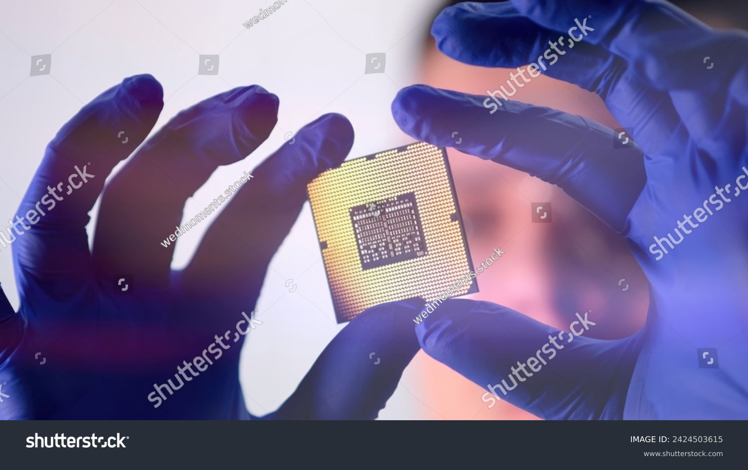 The scientist works in a modern scientific laboratory for the research and development of microelectronics and processors. Microprocessor manufacturing worker uses computer technology and equipment. #2424503615