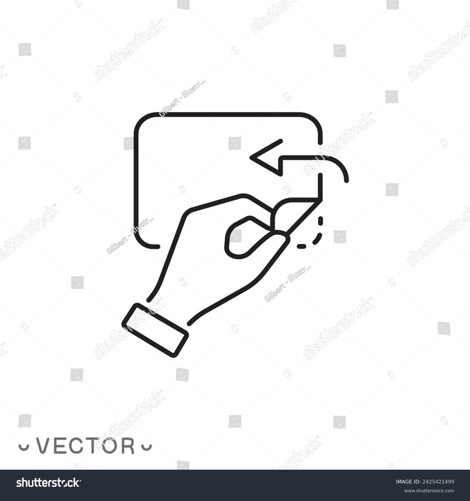 hand with sticker open icon, peel off duct tape, pull by hand to opened up, thin line symbol isolated on white background, editable stroke eps 10 vector illustration #2425421499