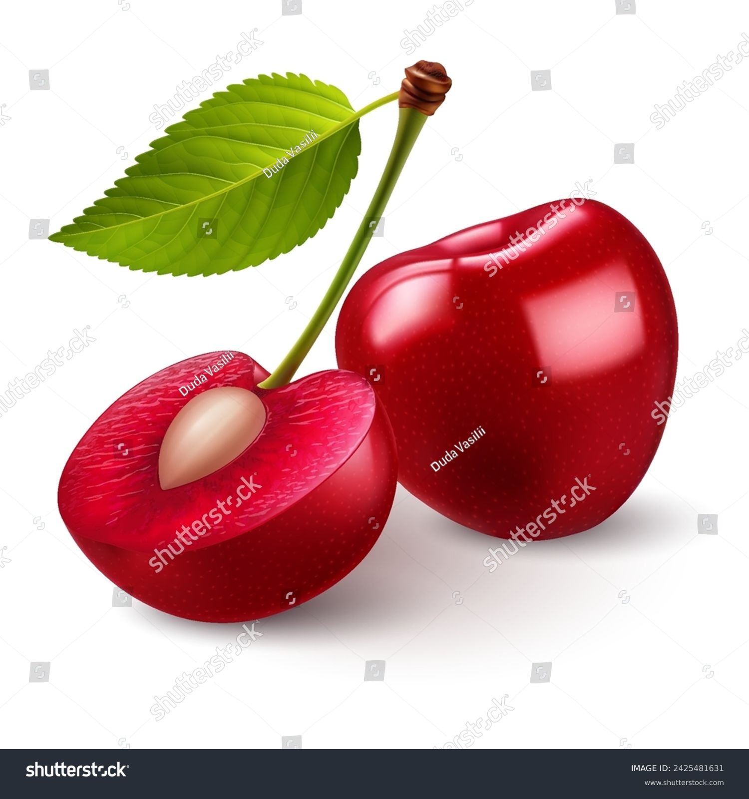 Ripe red sweet cherries with smooth skin, juicy light red flesh, and small pit #2425481631