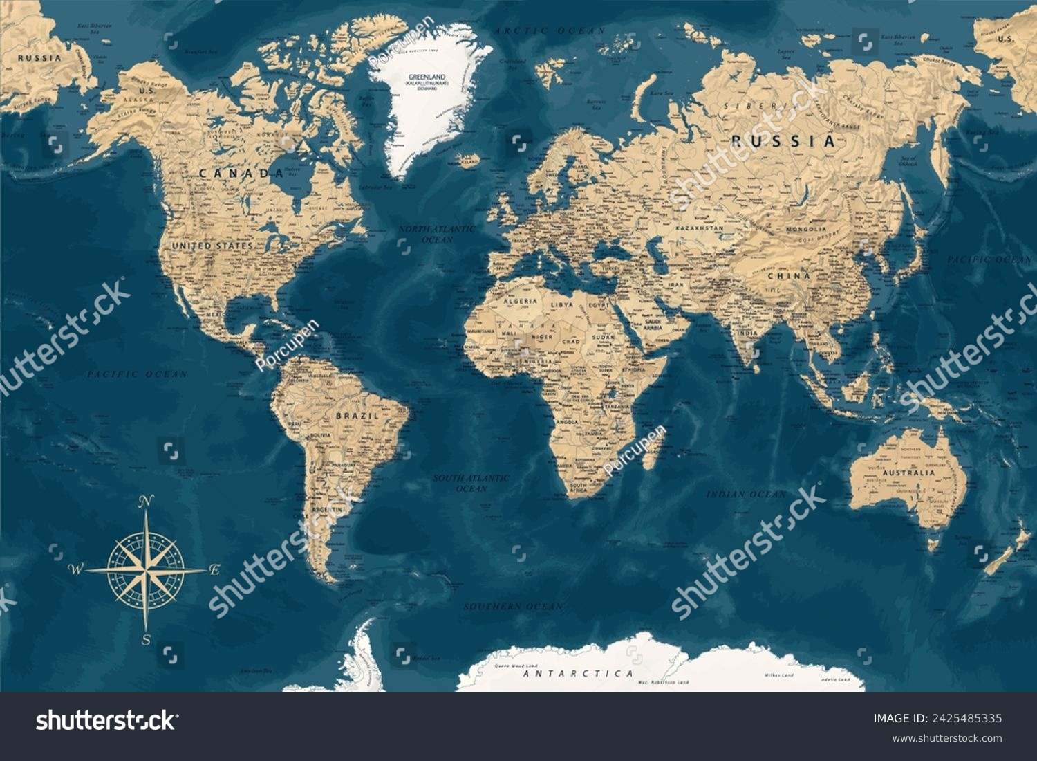 World Map - Highly Detailed Vector Map of the World. Ideally for the Print Posters. Dark Blue Golden Beige Retro Style. With Relief and Depth #2425485335