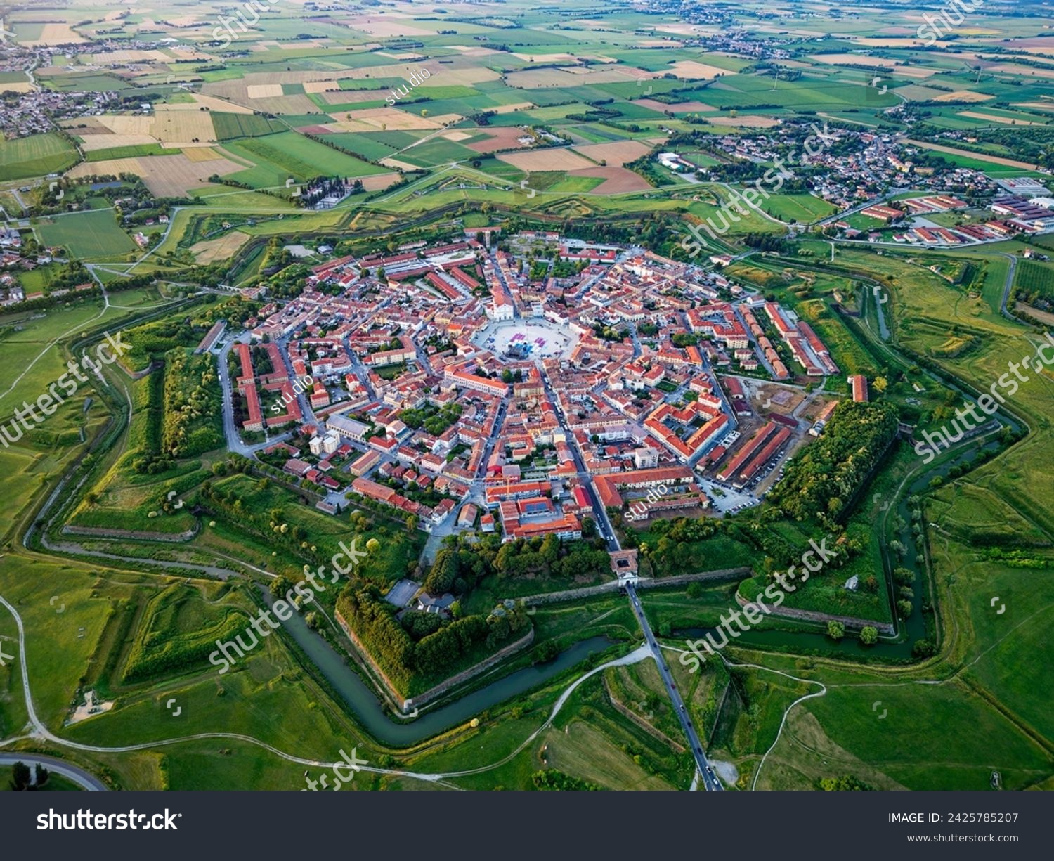 Aerial drone view of the Fortress of Palmanova in Italy. Unesco World Heritage. Venetian Works of Defence. #2425785207