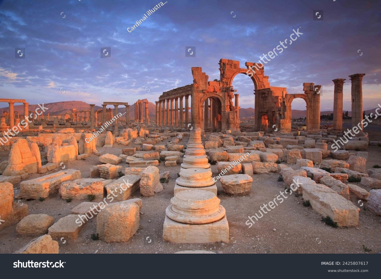 The Bel Temple in Palmyra, Syria, is an ancient architectural marvel. Majestic columns and intricate carvings adorn its facade, reflecting a blend of Roman and Semitic influences. The temple, dedicate #2425807617