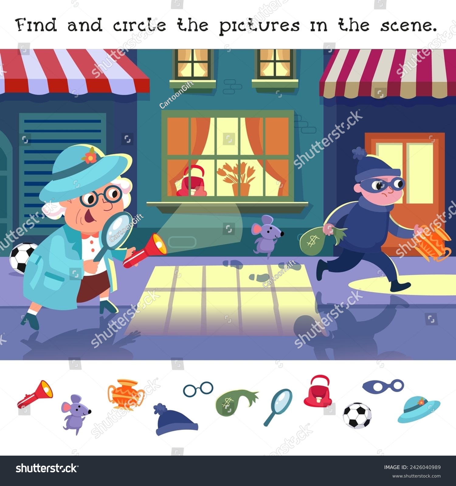 Find hidden objects in picture. Educational - Royalty Free Stock Vector