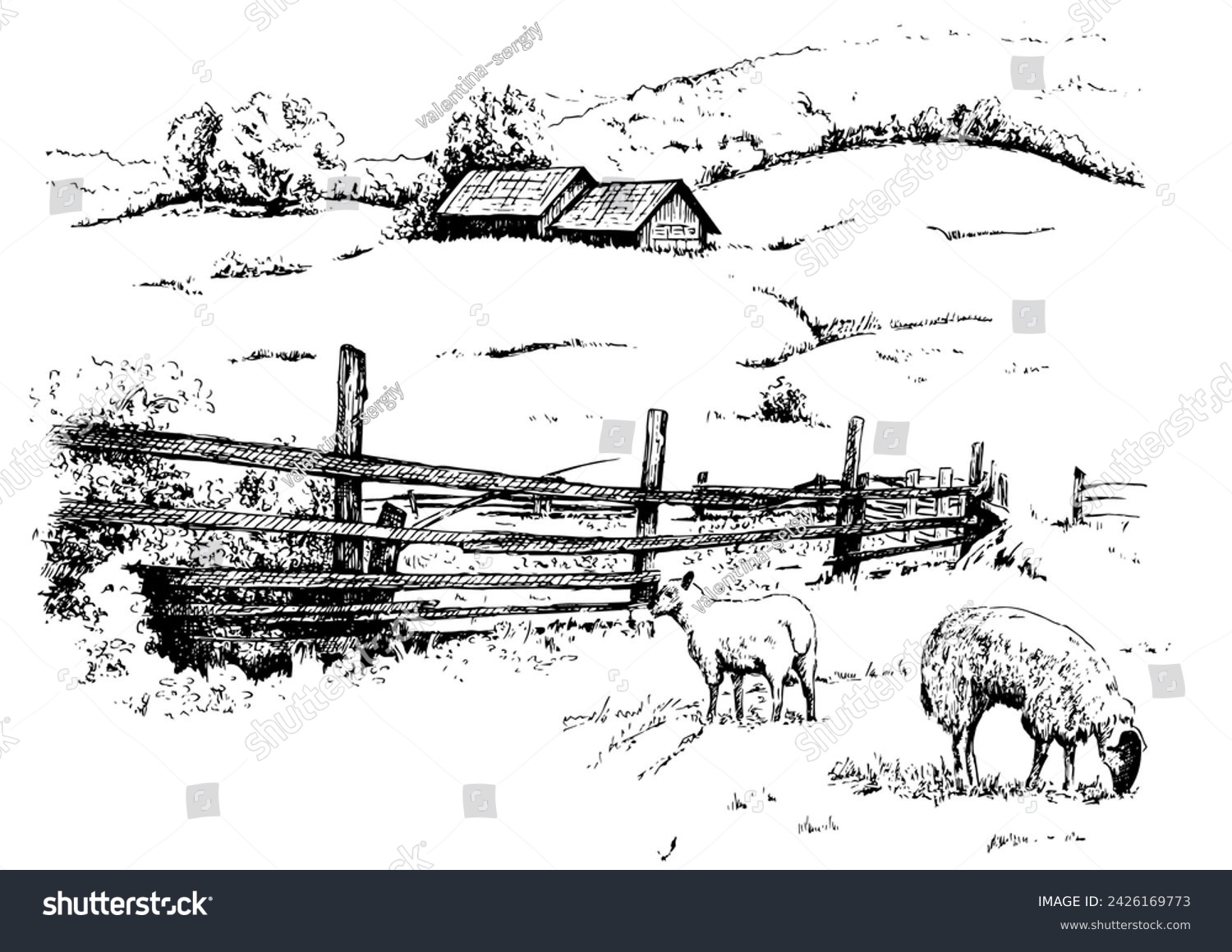 Green grass field on small hills. Meadow, alkali, lye, grassland, pommel, lea, pasturage, farm. Rural scenery landscape panorama of countryside pastures. Vector sketch illustration
 #2426169773
