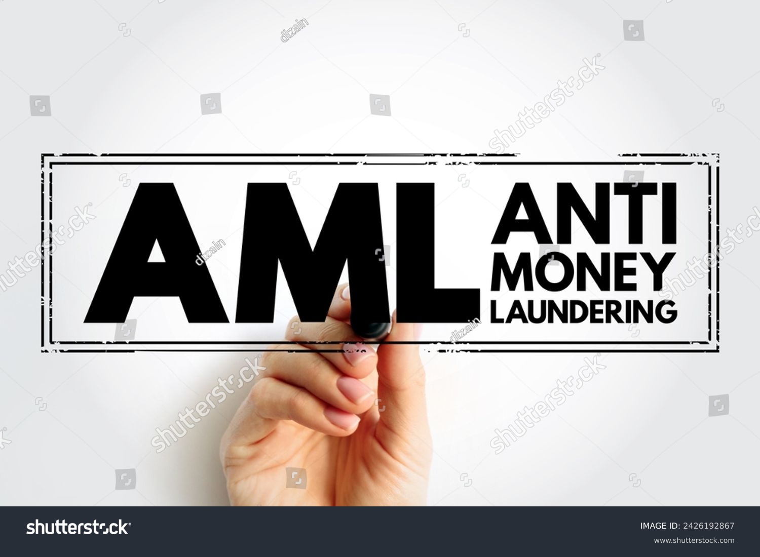 AML Anti Money Laundering - set of regulations, laws, and procedures designed to prevent criminals from disguising illegally obtained funds as legitimate income, text concept with marker #2426192867