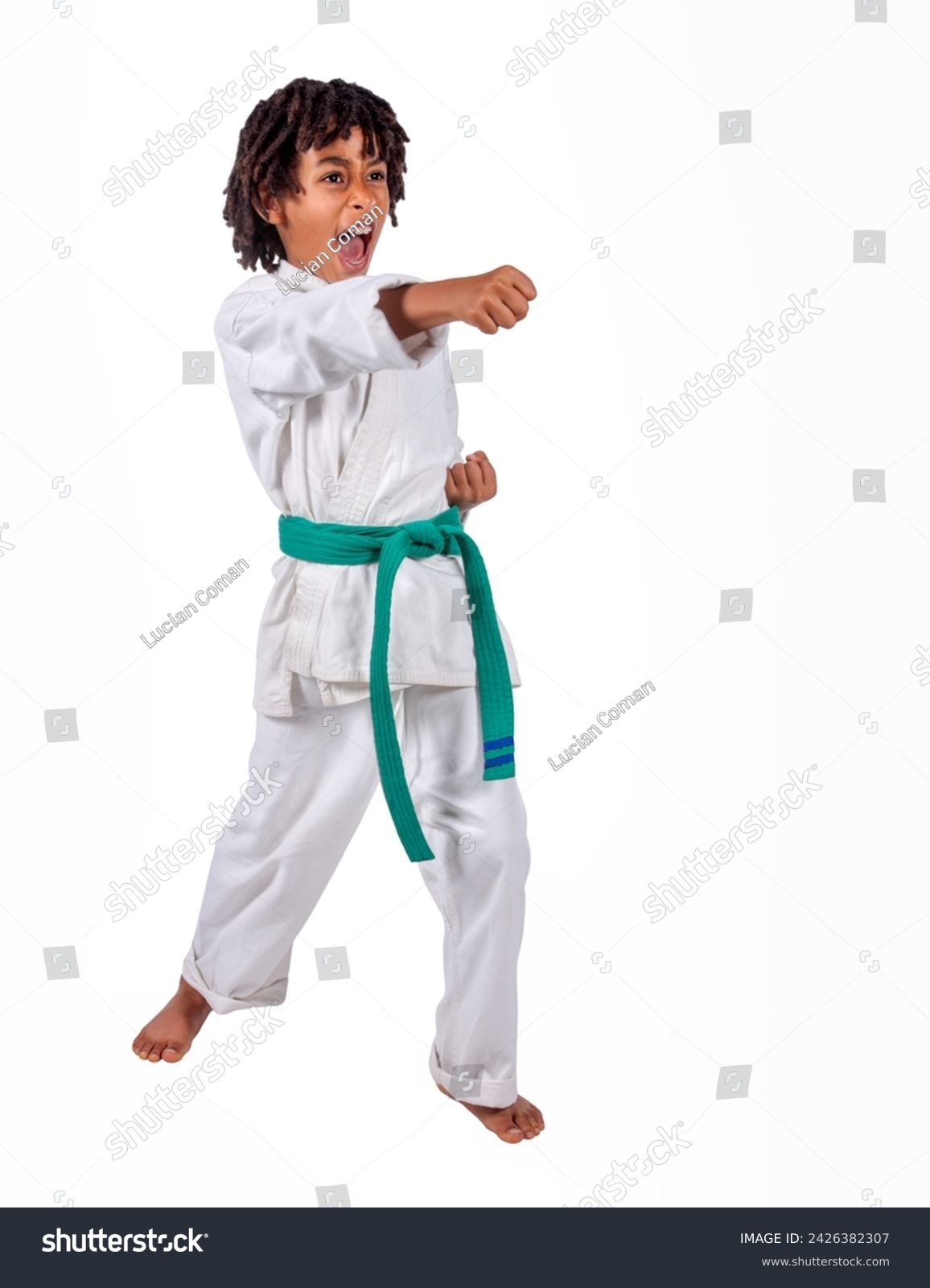 african american boy in karate suit training, uniform karate gi , keikogi or dogi, suit is white, hairstyle with braids, dreadlocks, isolated on white background #2426382307