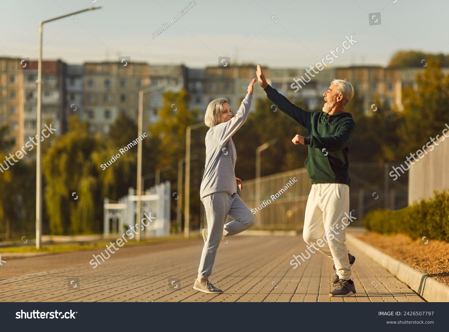 Active senior happy pair running high five, sporty physically energetic older man, woman outdoor jogging. Elderly people street physical exercise, enjoy open air activity to boost mood, energy level #2426507797