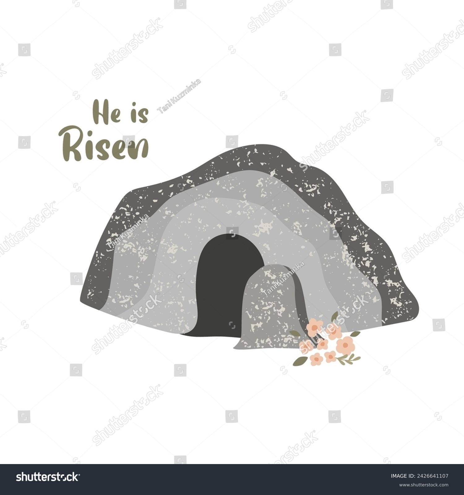 Easter Sunday tomb He is risen. Vector illustration. Cave. Empty tomb of Jesus. Religion holiday element, hand drawn stone and flowers isolated on white. #2426641107
