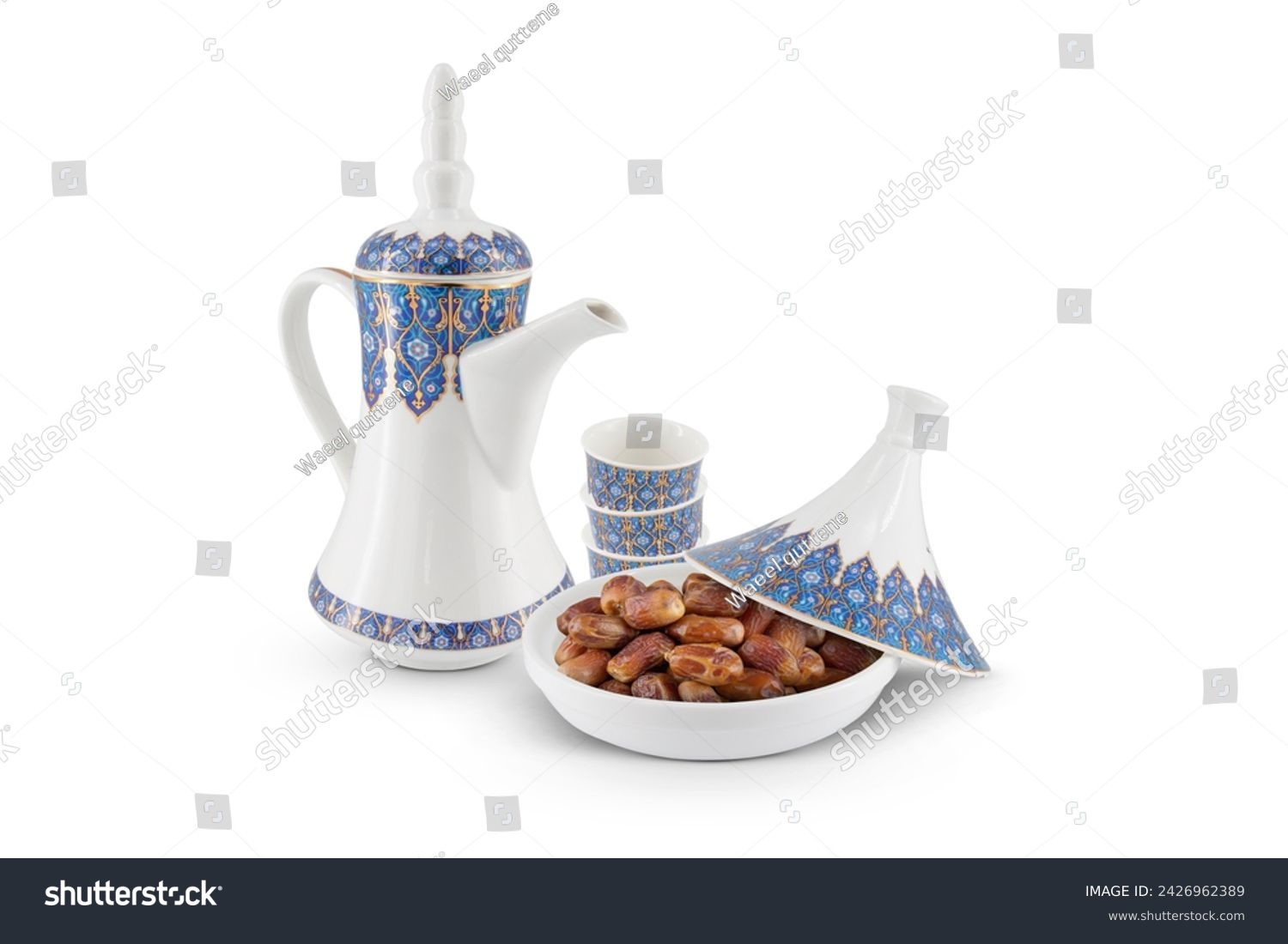 Porcelain Arabic Coffee pot, cups and dried dates bowl isolated on white background #2426962389