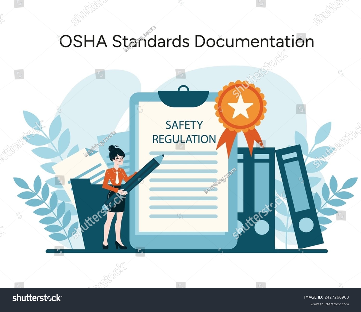 OSHA Standards Documentation vector. A professional ensuring rigorous safety regulation adherence, signified by certification. Essential for workplace compliance. Flat vector illustration #2427266903