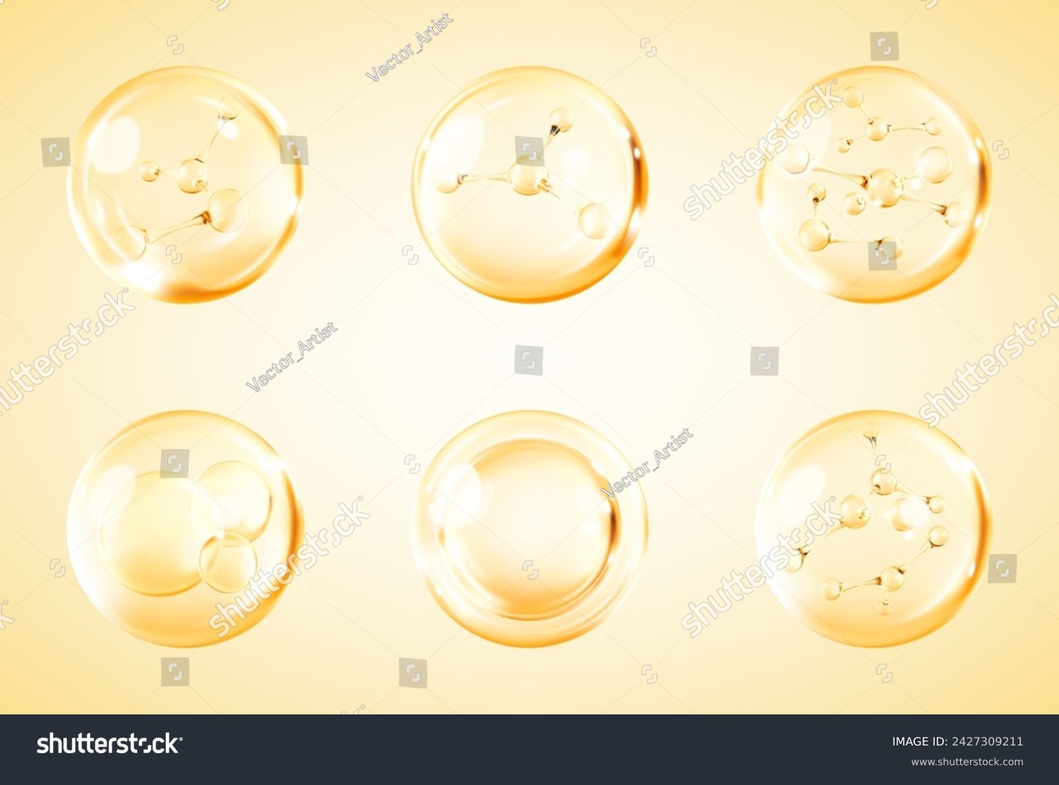 Molecules inside bubbles. Collagen serum bubble. Cosmetic essence. Concept skin care cosmetics solution. Vector 3d illustration #2427309211