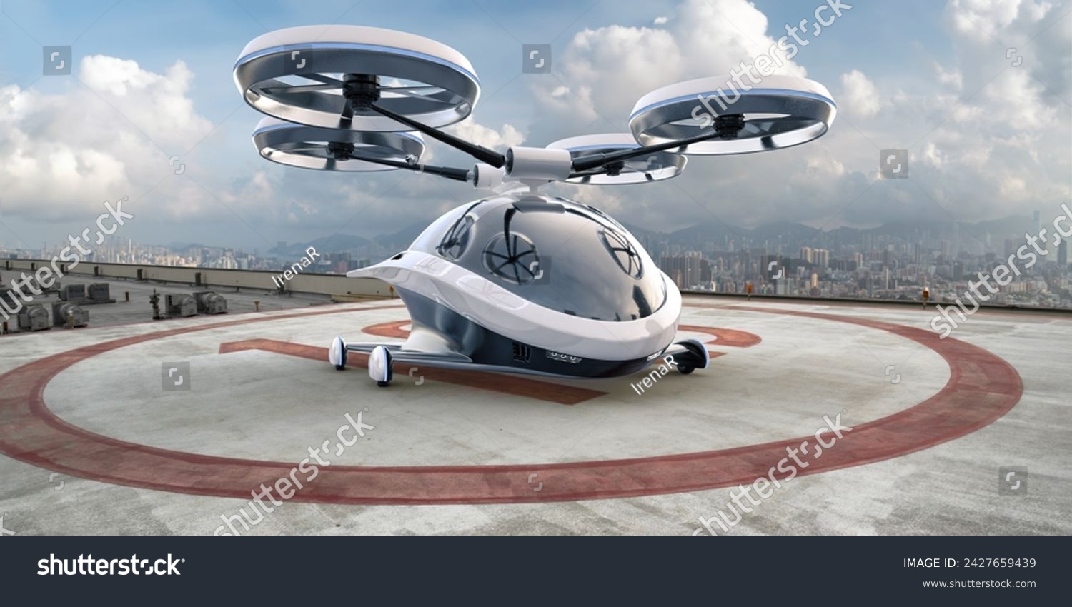 A generic white and grey eVTOL vehicle with blue highlights parked on a helipad on the rooftop of a high buildings in a downtown district with view of high rise city buildings in the background, under #2427659439