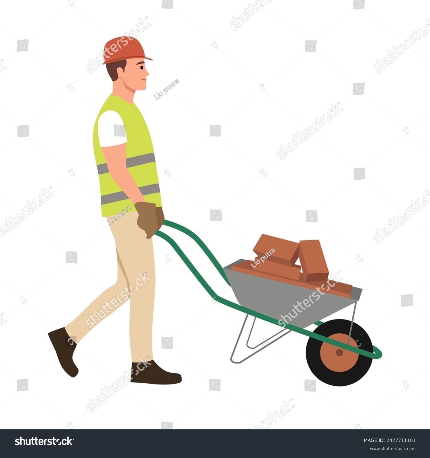 Construction worker with wheelbarrow. Man carrying loader with goods at warehouse. Transportation carrying on cart. Flat vector illustration isolated on white background #2427711101
