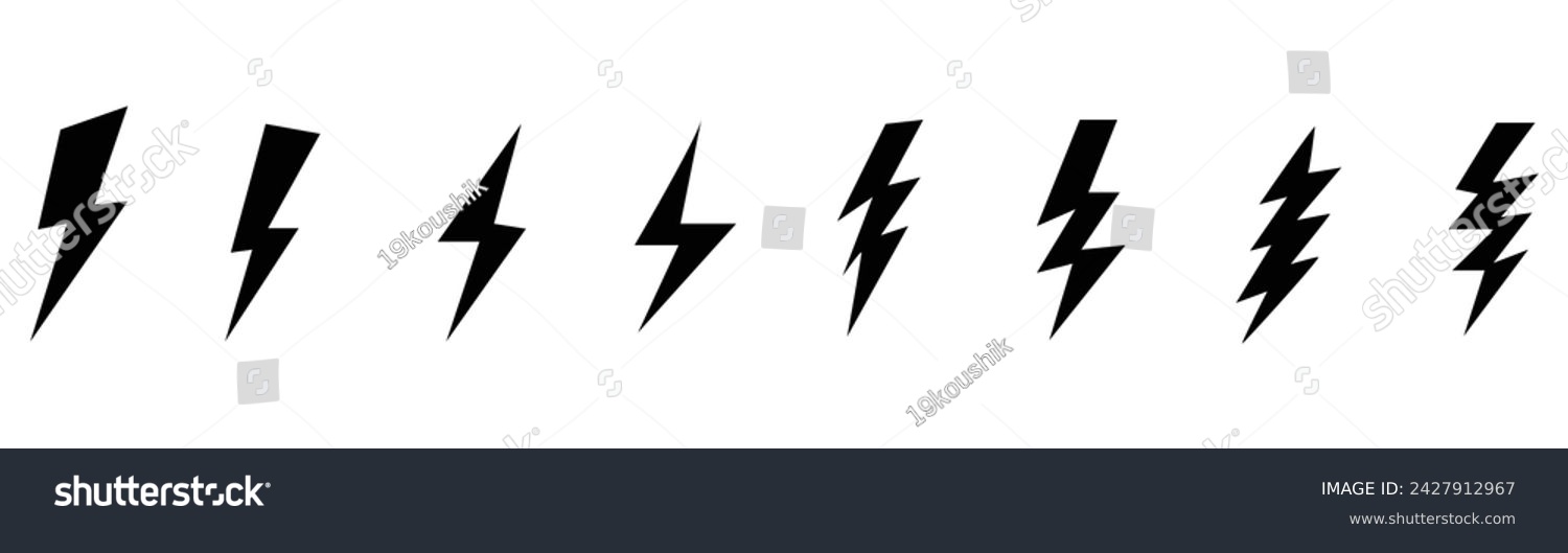 Black lightning icon collection. Bolt, power, - Royalty Free Stock ...