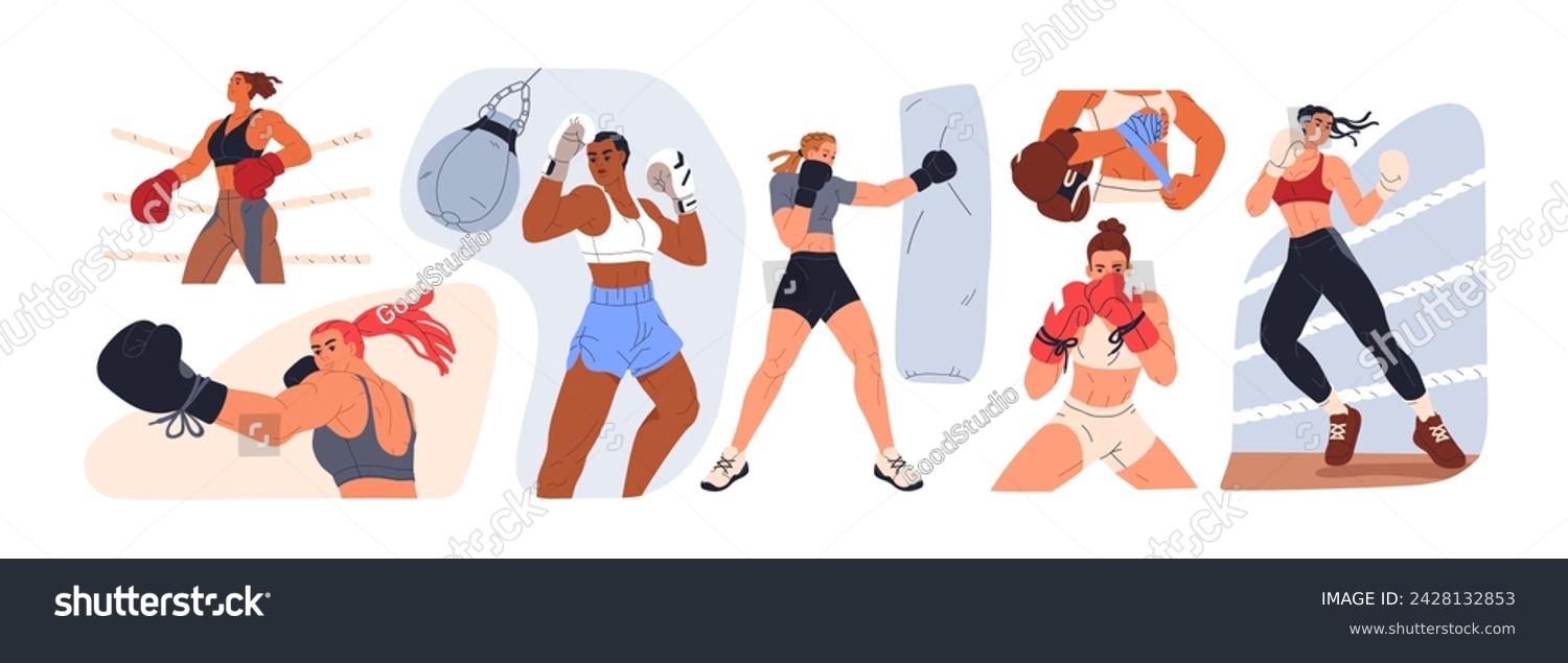 Woman boxing set. Female boxers at box workout, sport training. Strong girls fighters exercising in gloves, punching, hitting bag. Flat graphic vector illustrations isolated on white background #2428132853
