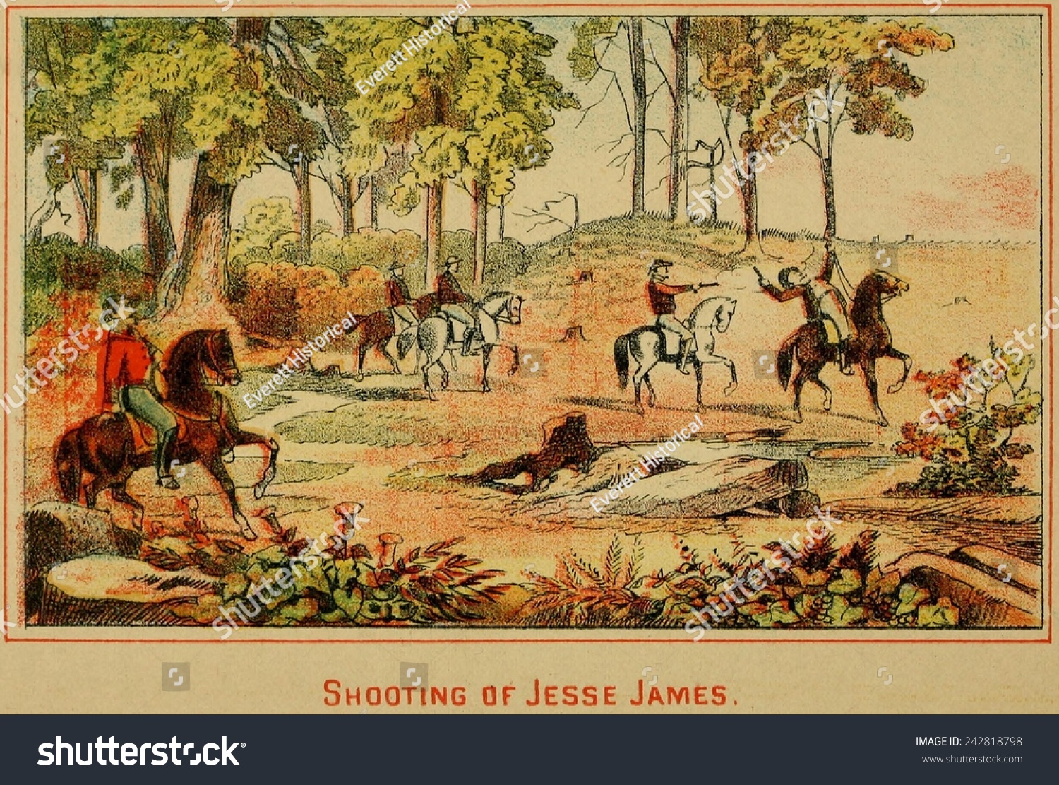 In November 1879, Jesse James was shot in the head by George Shepard, in retaliation for Jesse's earlier involvement in the murder and robbery of his nephew, Ike Flannery. #242818798