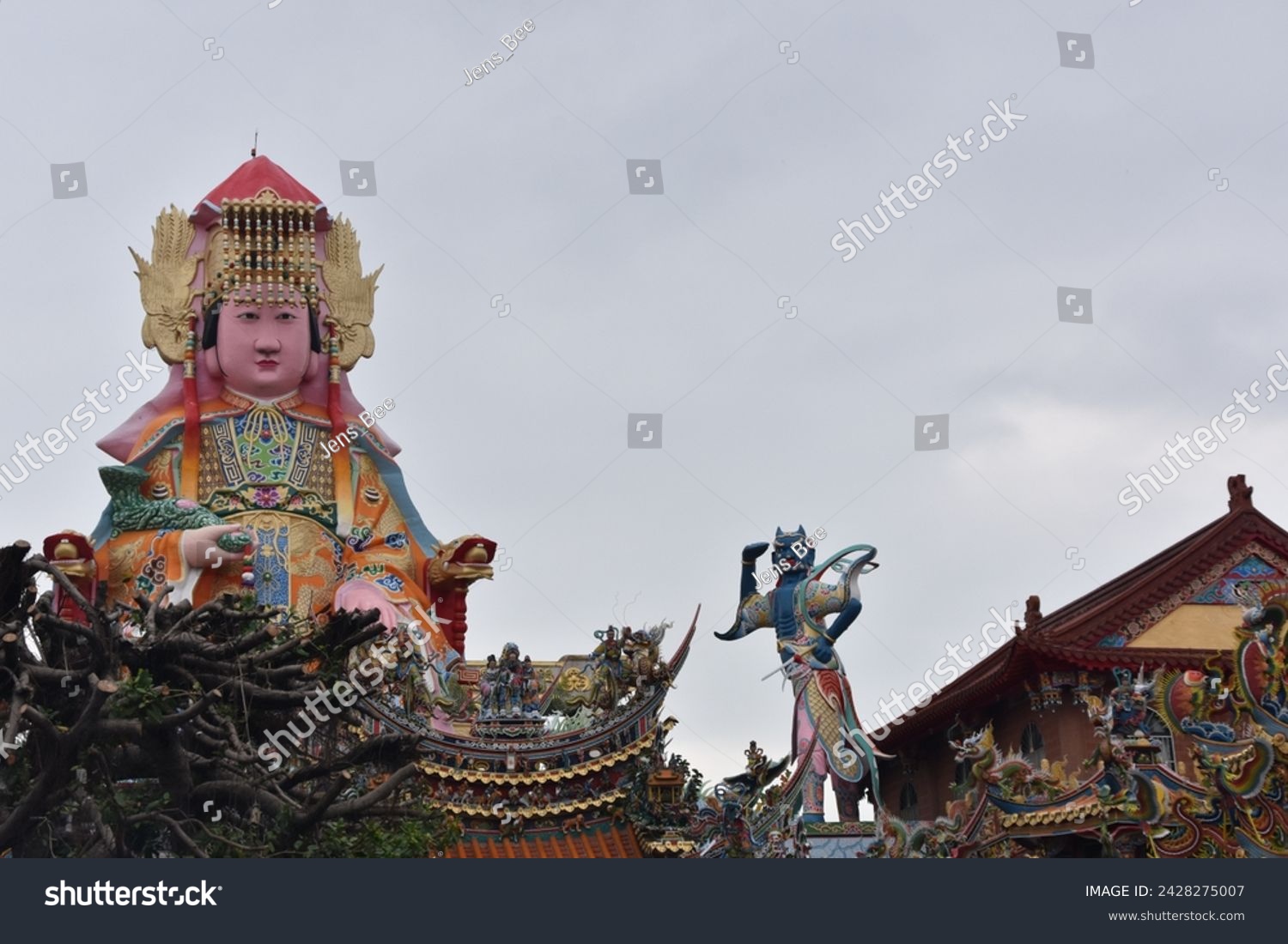 Colorful ancient dragon head statue, typical asian fantasy style, with religious oriental ornaments in spiritual traditional taiwanese Mazu Hotsu Longfong Temple in Miaoli City, Zhunan, Taiwan, Asia. #2428275007