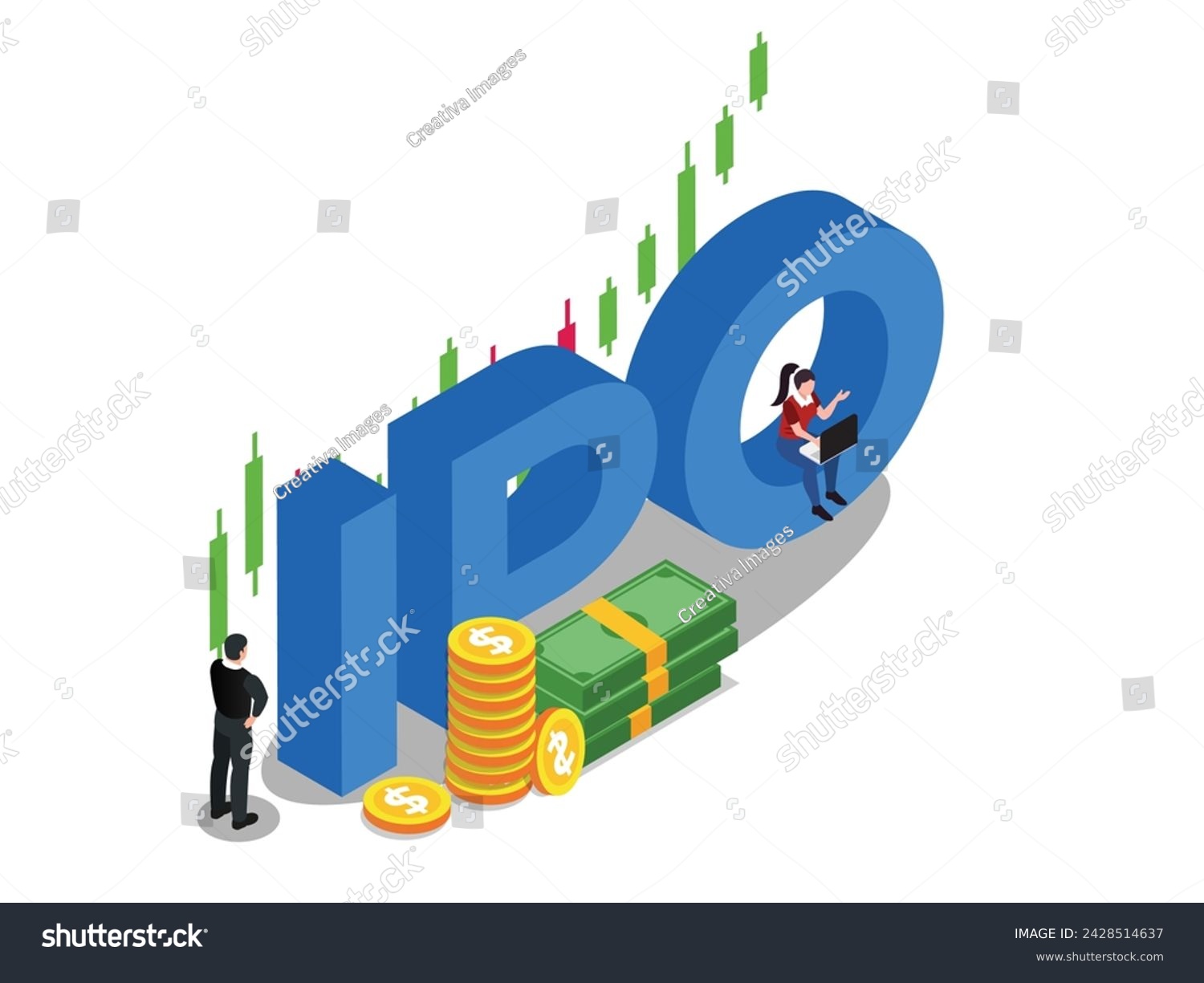 Business people with IPO Initial Public Offering 3d isometric vector illustration #2428514637