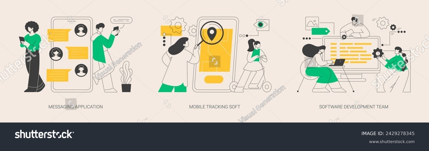 Smartphone application abstract concept vector illustration set. Messaging application, mobile tracking soft, software development team, chat app, gps tracking, outsource company abstract metaphor. #2429278345