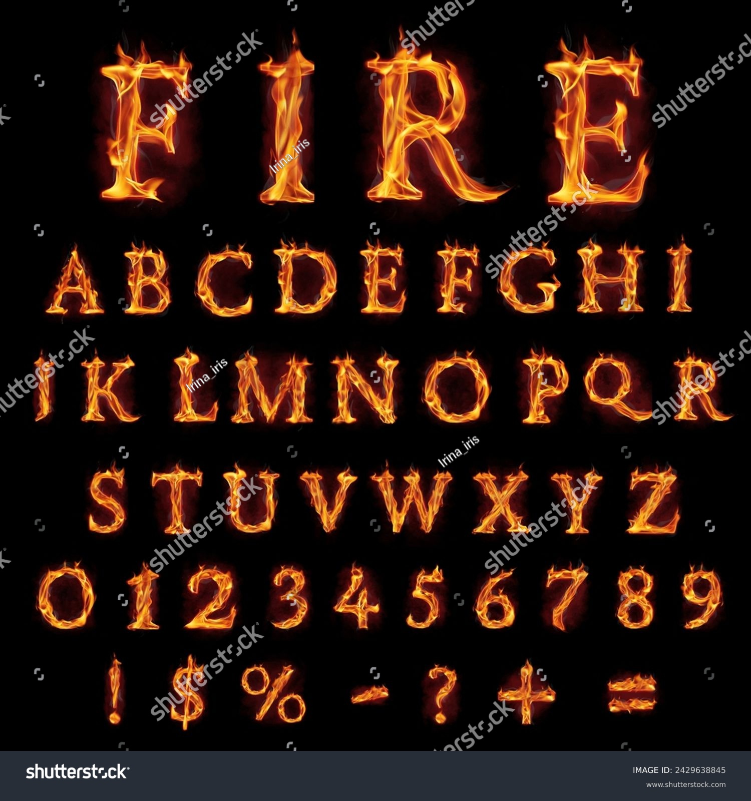 Stylish set of fire alphabet, all letters, numbers and main symbols made of fire flames, with red smoke behind. Hot metal font in flames, isolated on black #2429638845