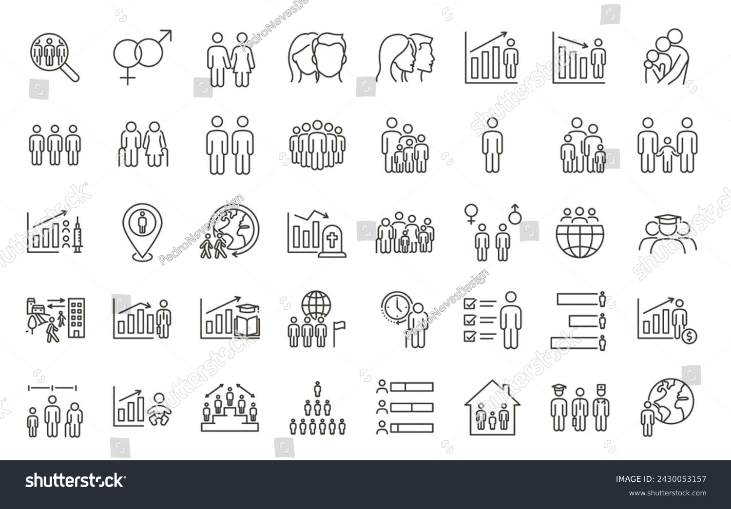 Comprehensive Demographic and Social Trends Icon Set: 40 Thin Line Vector Icons for Population Analysis, Mortality, Longevity, Education, Employment, Gender Diversity, Family Dynamics, and Migration.  #2430053157