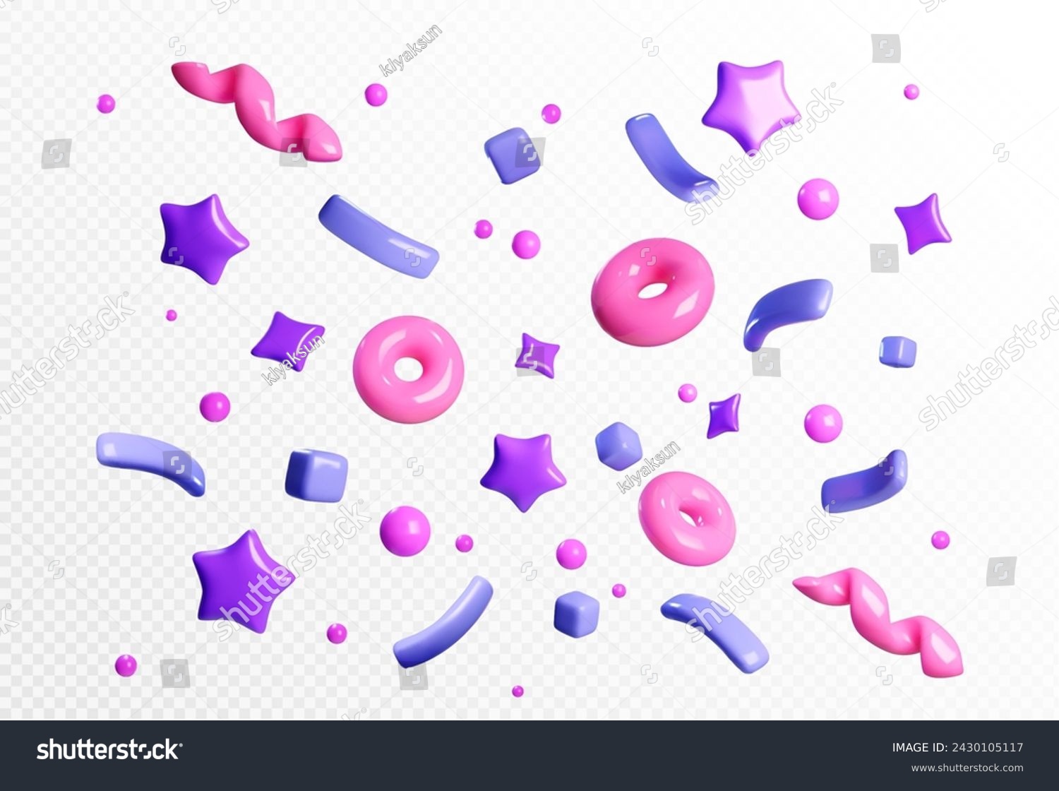 Party firecracker confetti 3d vector icon. Birthday or carnival firework or popper paper serpentine, star and elements for congratulation design. Winner and holiday celebration cracker flying shapes. #2430105117