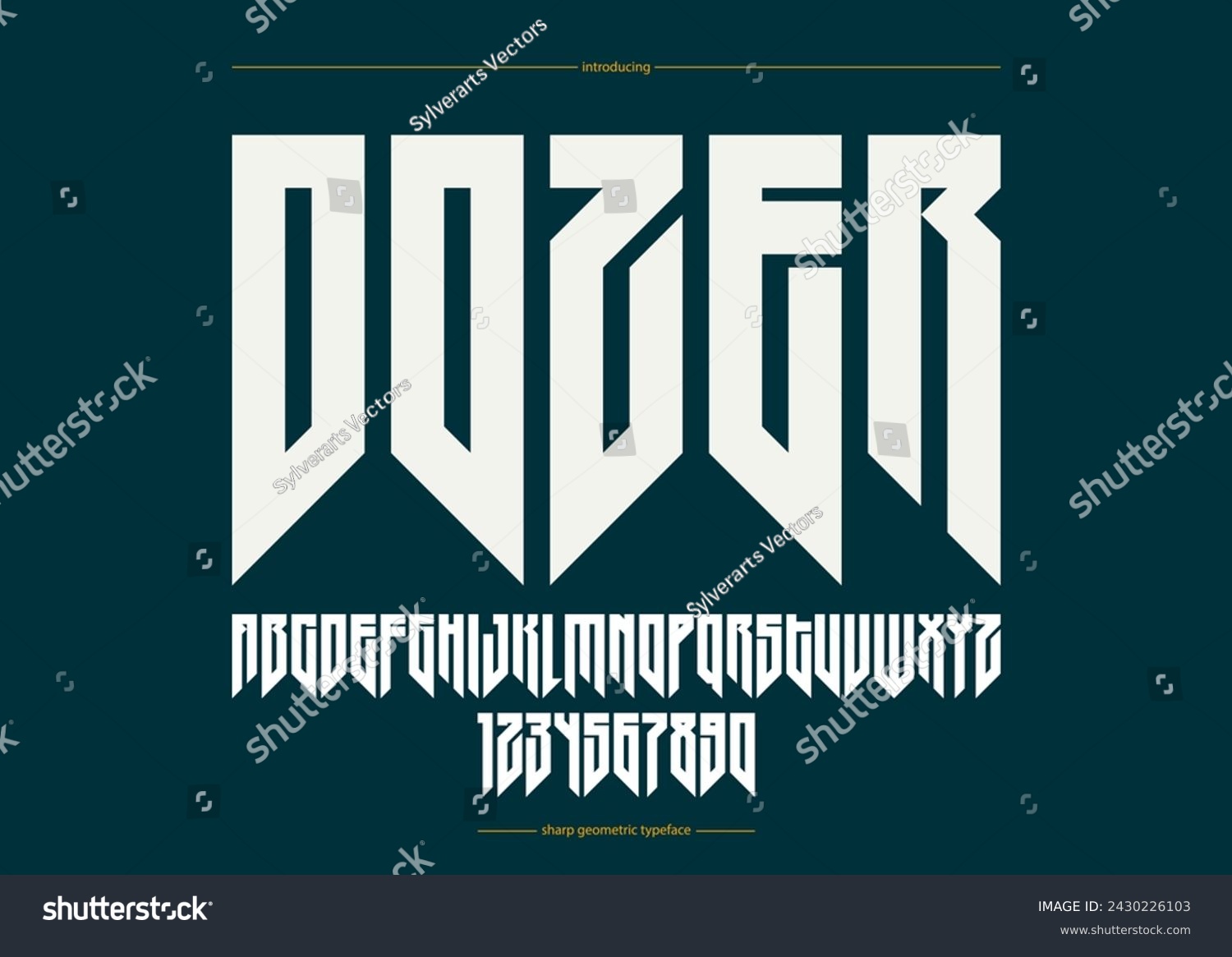 Sharp and bold vector display condensed font for logos, gothic or heavy metal style modern tall typeface, edgy hard rock letters and numbers alphabet for titles or slogans, heavy typography. #2430226103