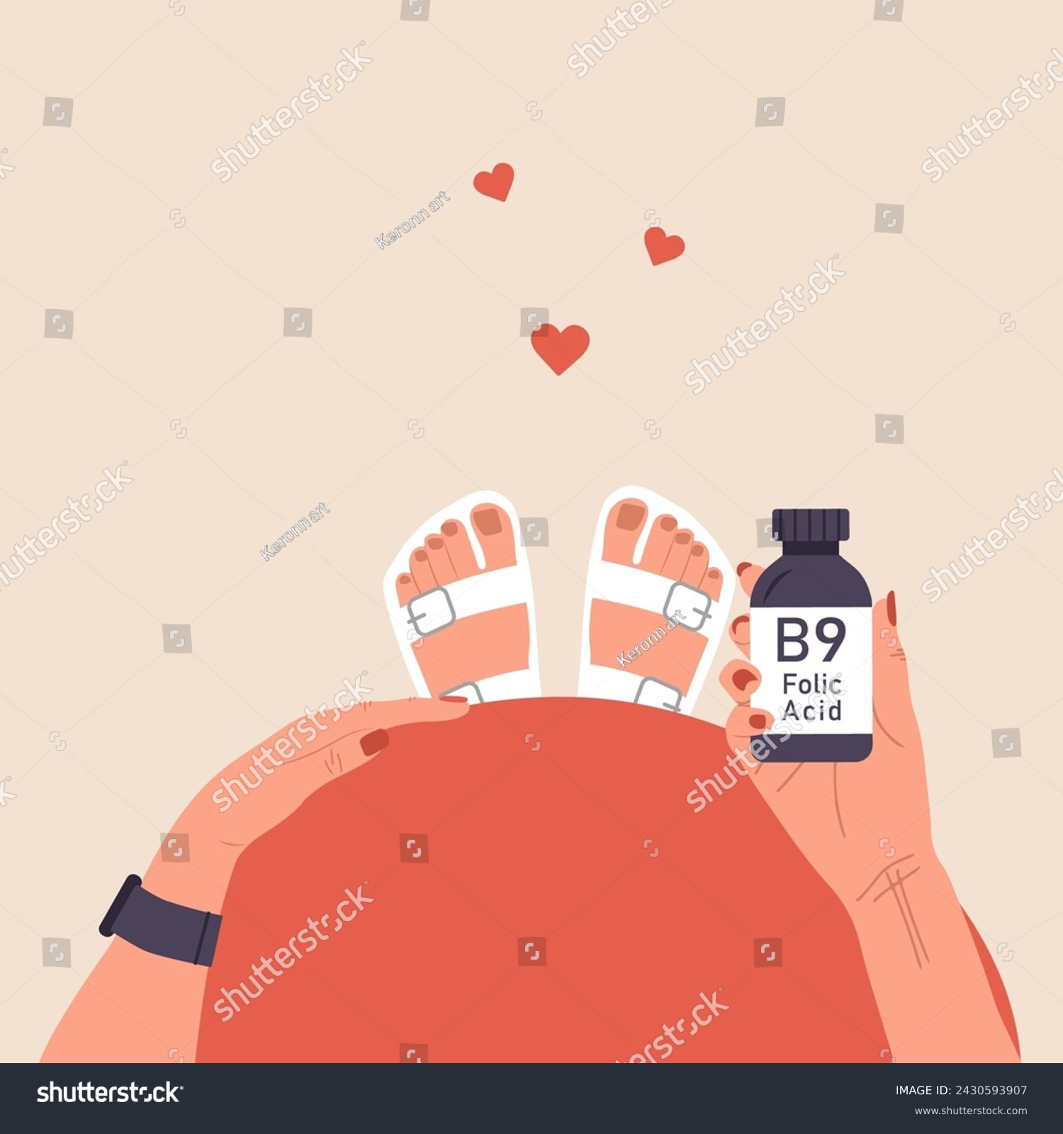 Folic acid. Female hand holding vitamin B9. Top view of pregnancy belly. Risk reducing. Woman taking vitamins for baby health. Supplements for pregnant. Vector illustration in flat cartoon style. #2430593907