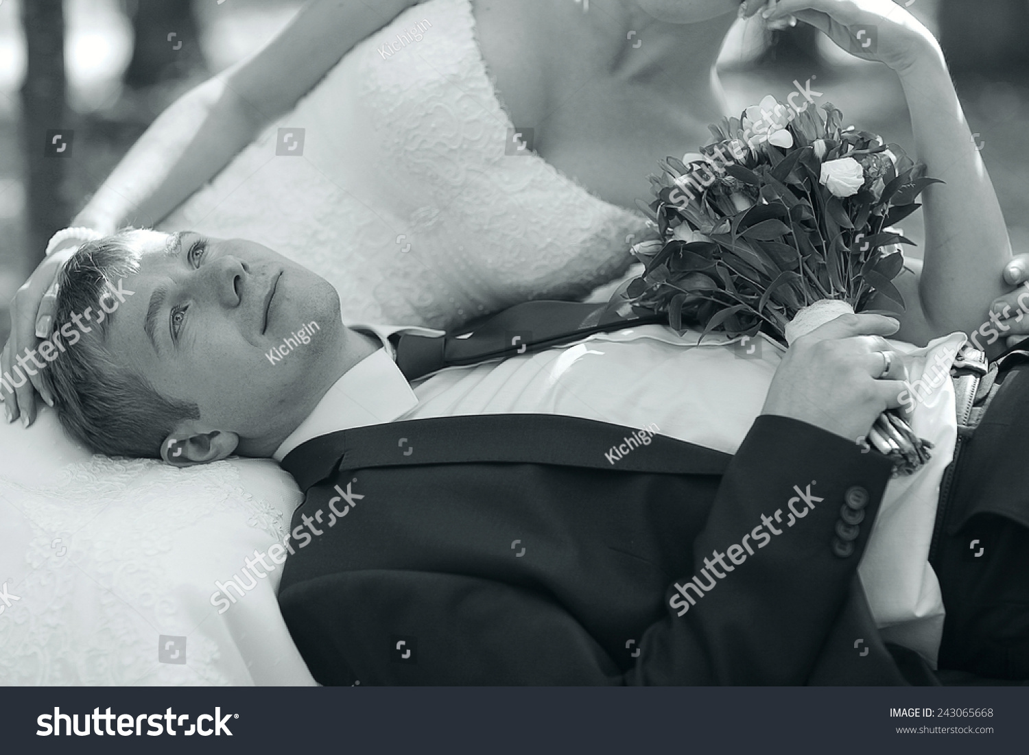 monochrome black and white photo of the wedding the bride and groom portrait #243065668