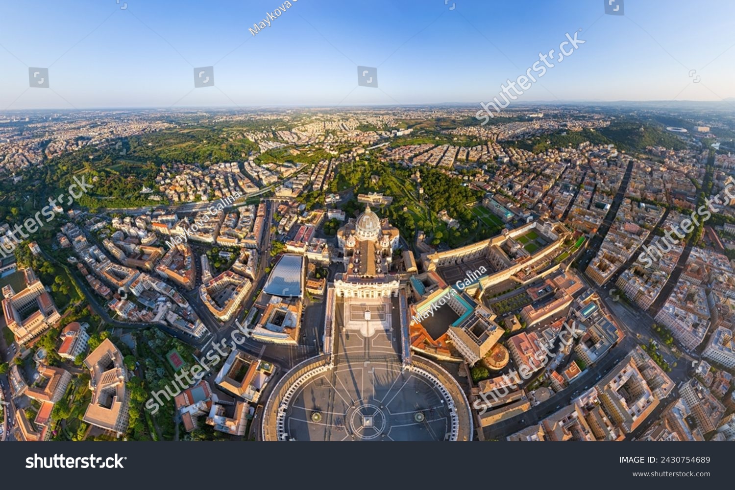 Rome, Italy. St. Peter's Cathedral - Basilica di San Pietro. Panorama of the city on a summer morning. Sunny weather. Aerial view #2430754689