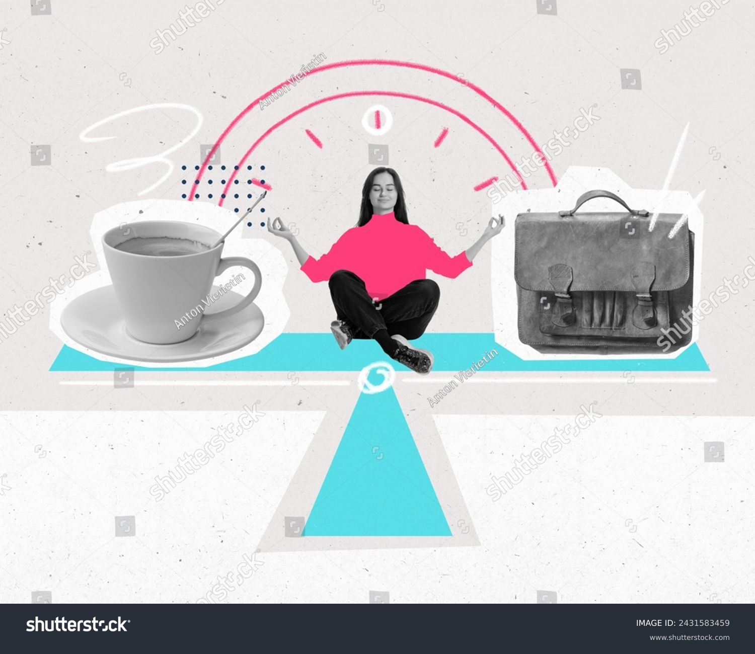 Poster. Modern aesthetic artwork. Woman meditating sitting on scales with cup of coffee and bag with dial on background. Concept of work and personal life balance, time management, career. #2431583459