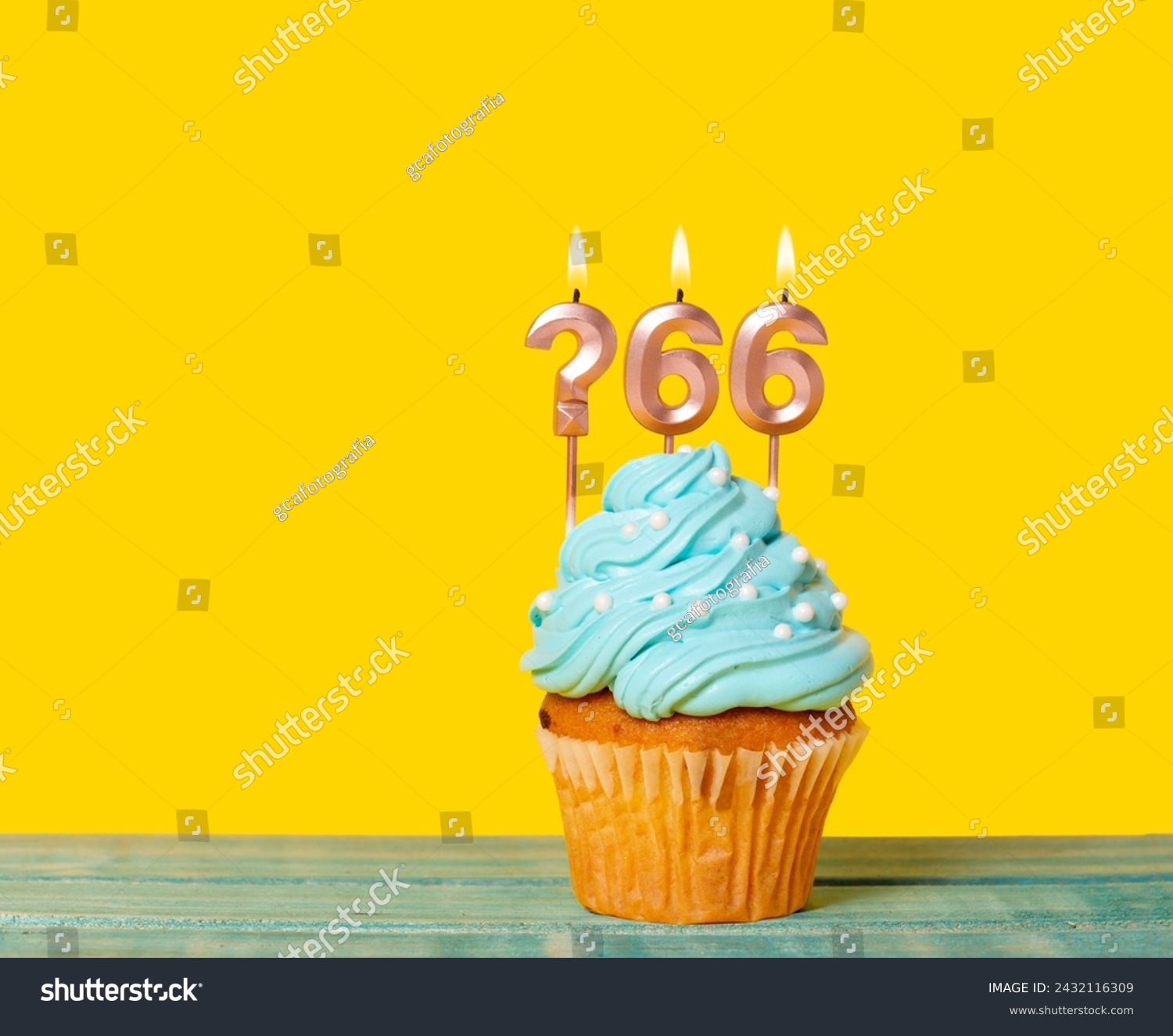 Birthday Cake With Candle Question Mark And Number 66 - On Yellow Background. #2432116309
