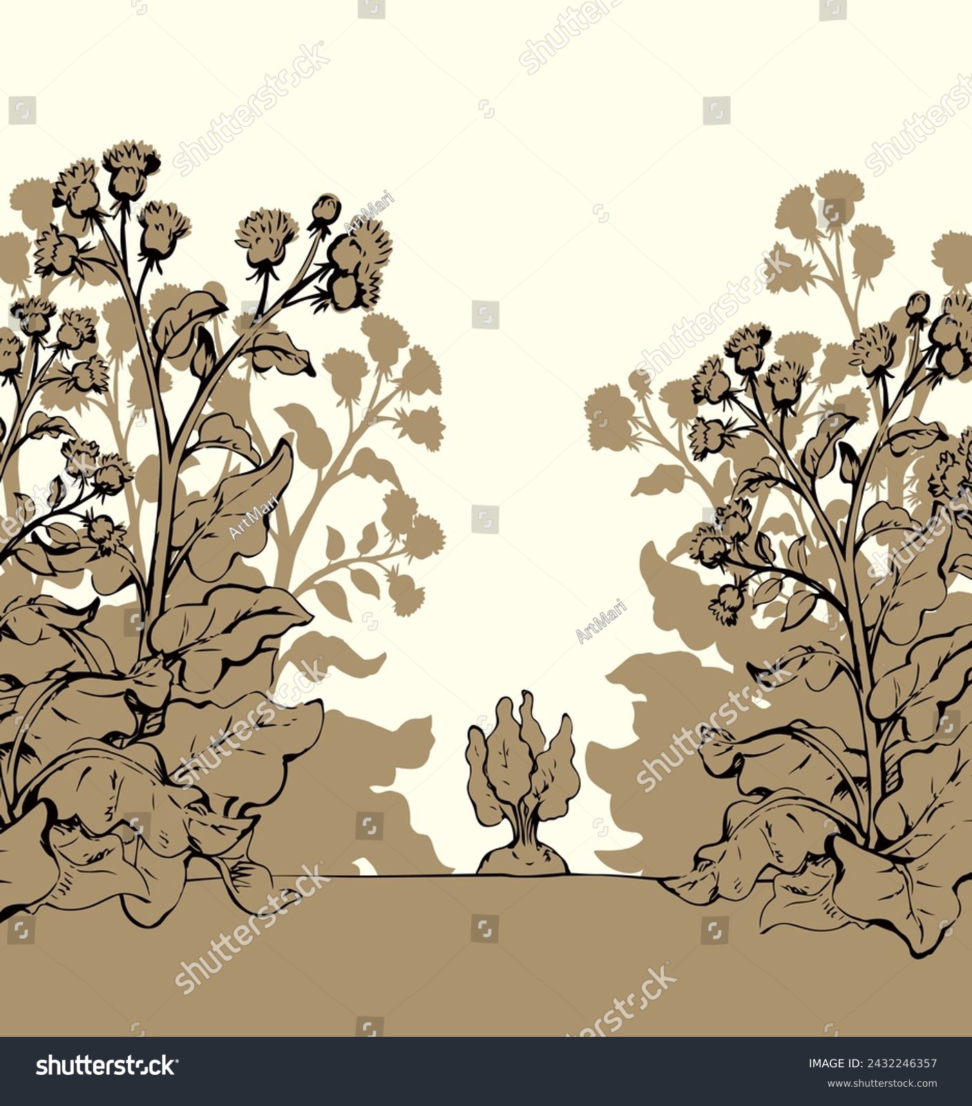 Big green row grass thorn burdock bloom outdoor yard scene outline black hand drawn farmer root eco bio turnip seed eat fight sign icon symbol. Closeup scenic view retro art doodle line sky text space #2432246357