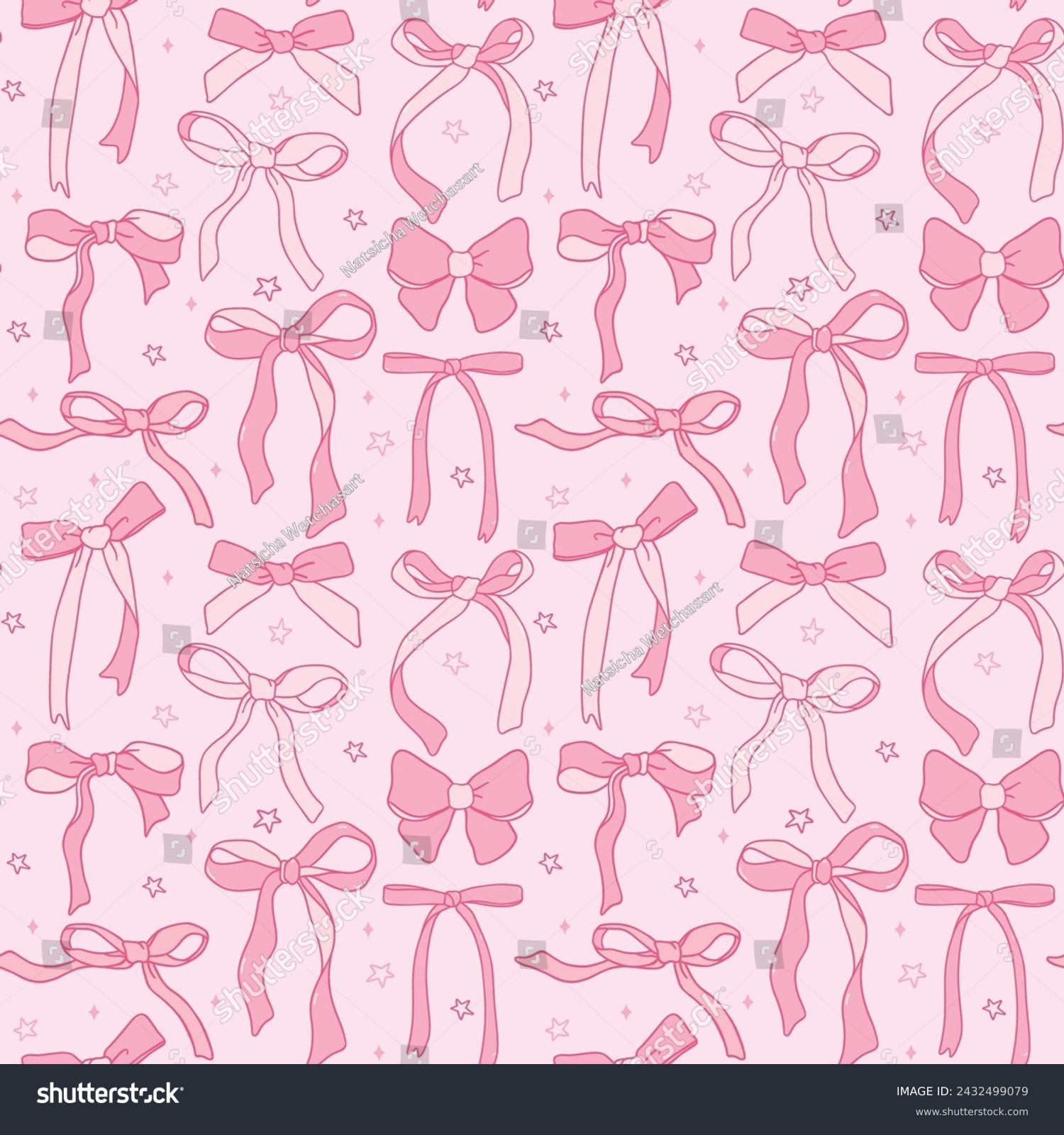 cute coquette ribbon bow pattern seamless doodle outline isolated on pink background.	
 #2432499079