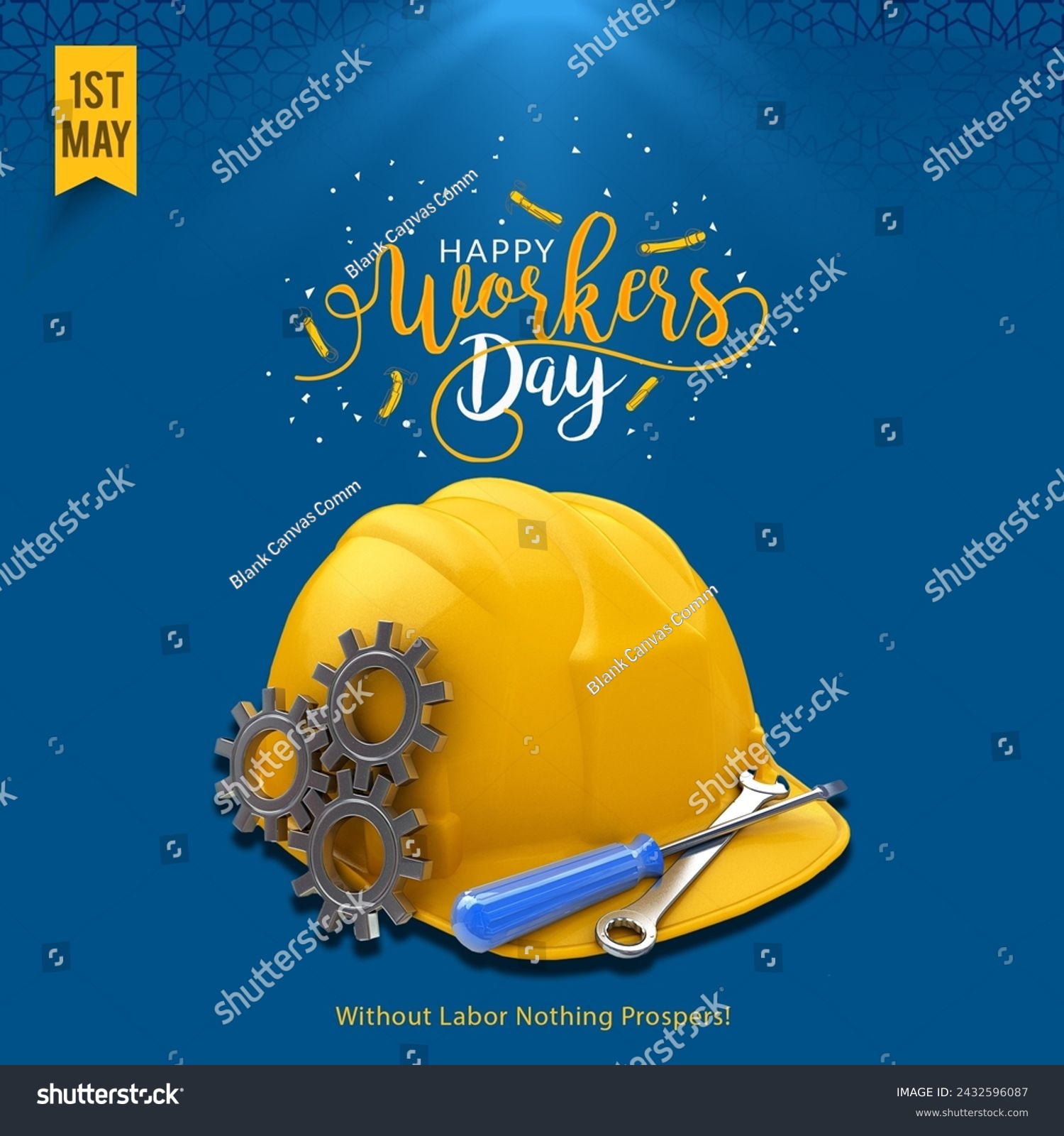 Happy Labor Day banner. Yellow Helmet, Construction Tools, 1st May #2432596087