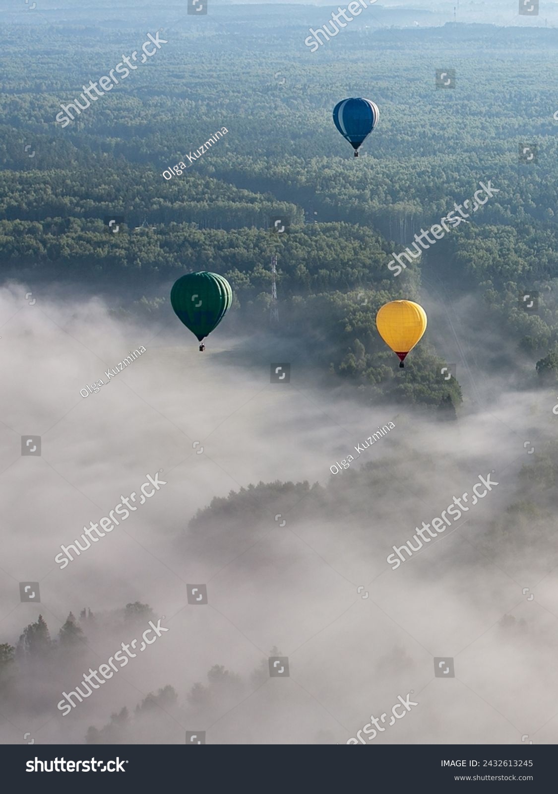 Colorful hot air balloons flying over a field and deciduous forest. Summer foggy morning. Beautiful view. #2432613245