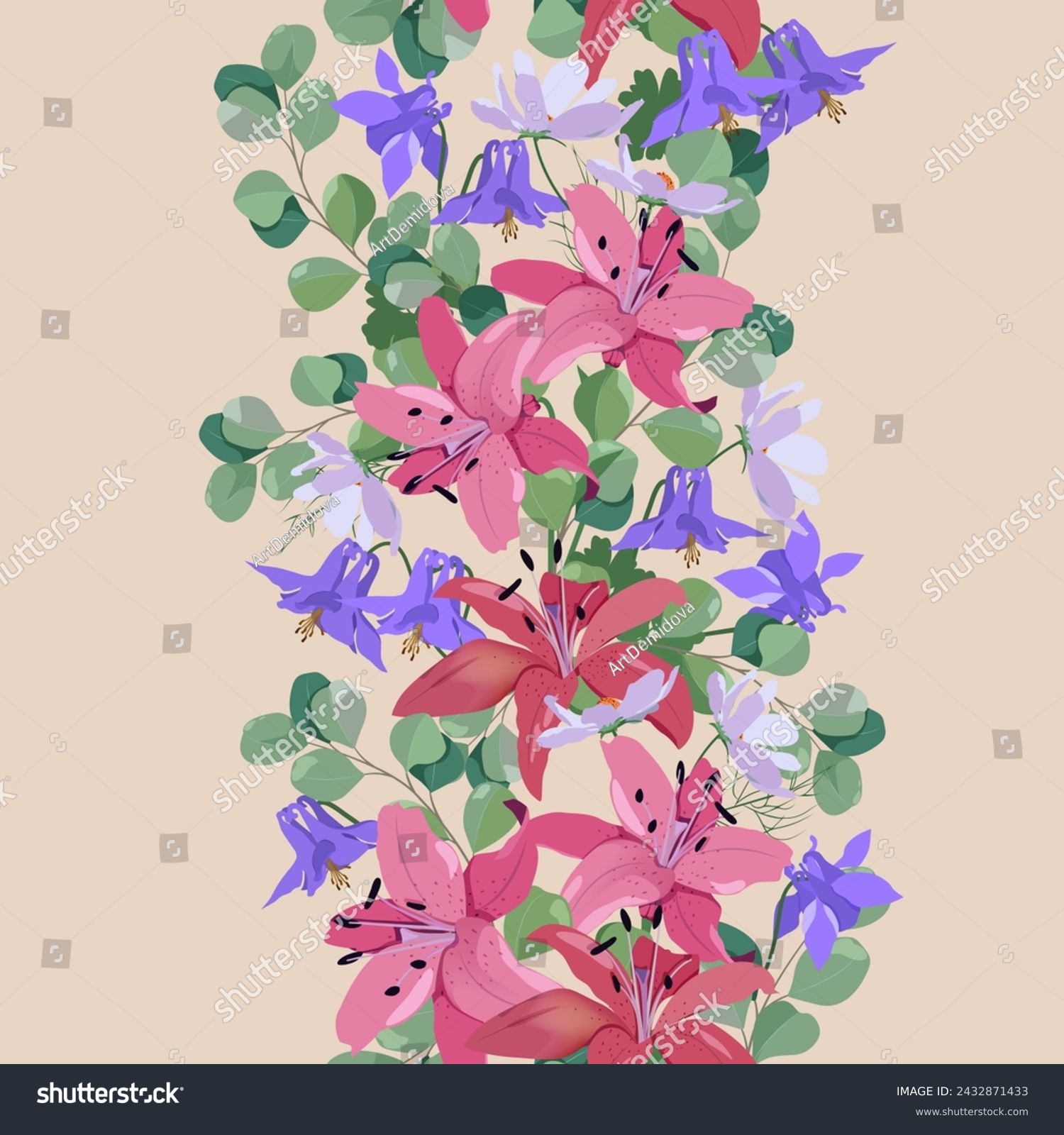 Beautiful lilies and aquilegia. Seamless vector illustration. For decorating textiles, packaging, wallpaper. #2432871433