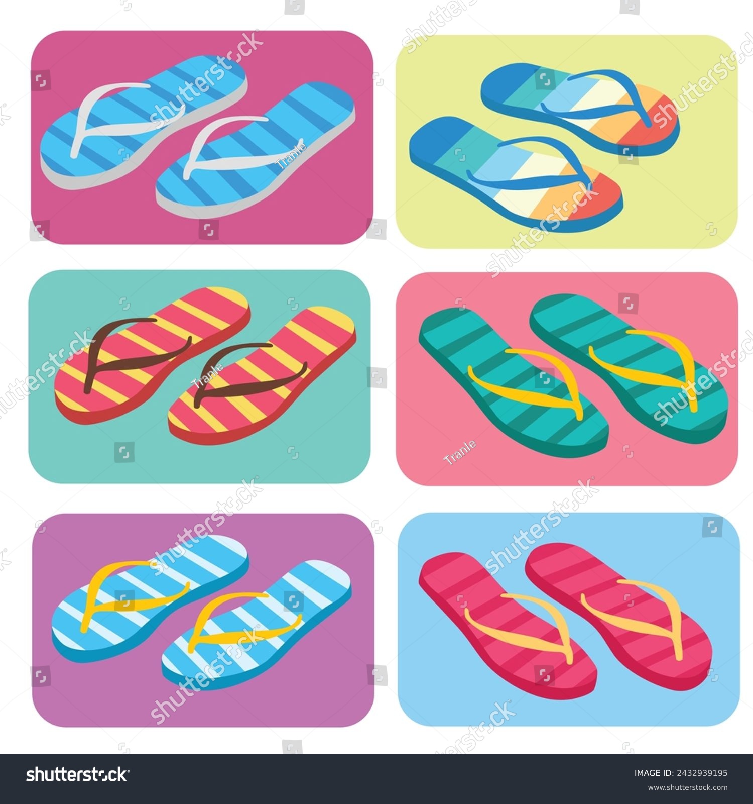 Flip flops flat vector set. Colorful flip flops illustration in cartoon style. Hello summer concept. Summer vacation item. Summer accessories. #2432939195
