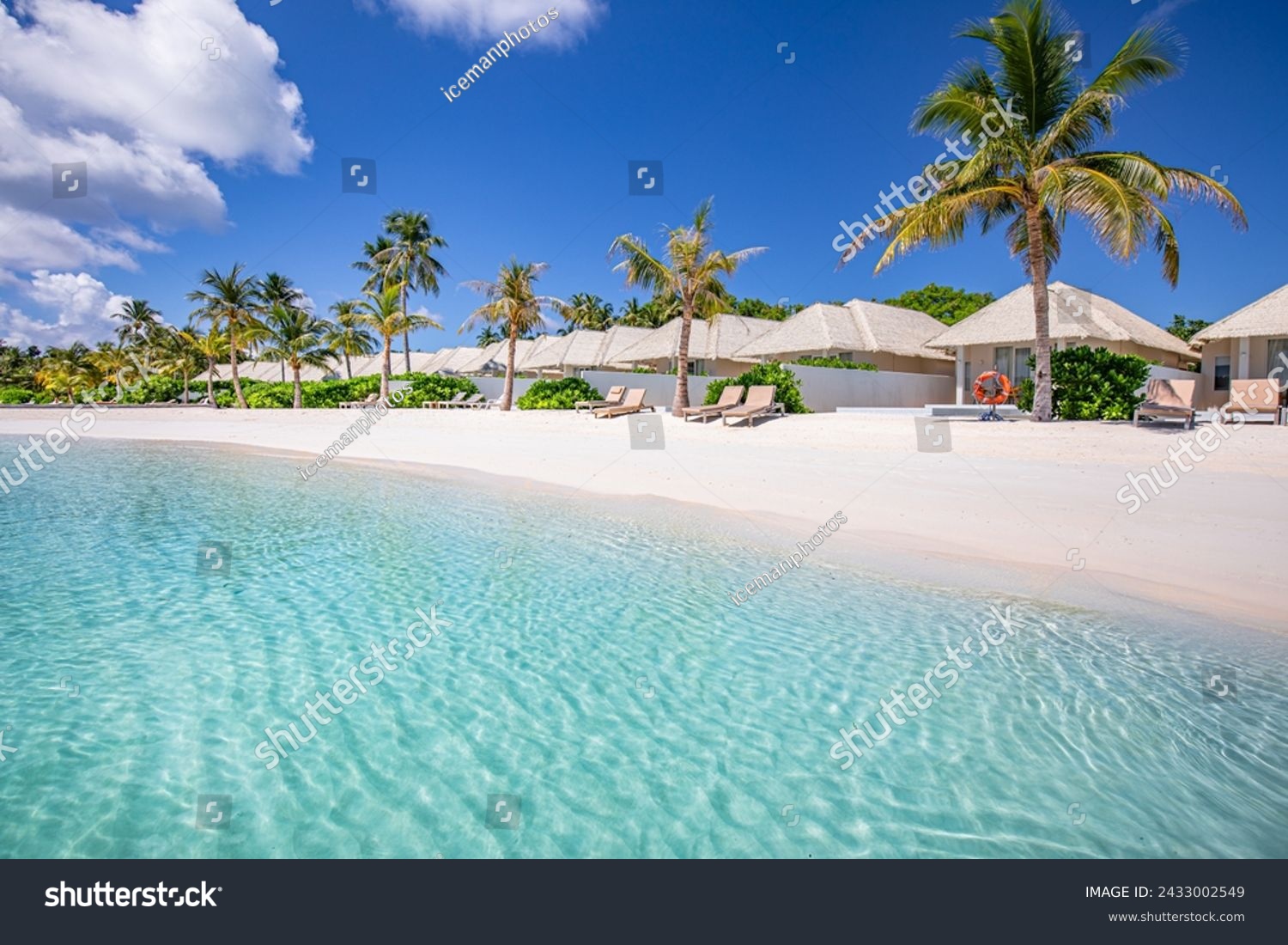 Beach villas in Maldives, luxury summer travel and vacation background. Amazing blue sea and palm trees under blue sky. Tropical landscape and exotic beach. Summer holiday or honeymoon destination
 #2433002549