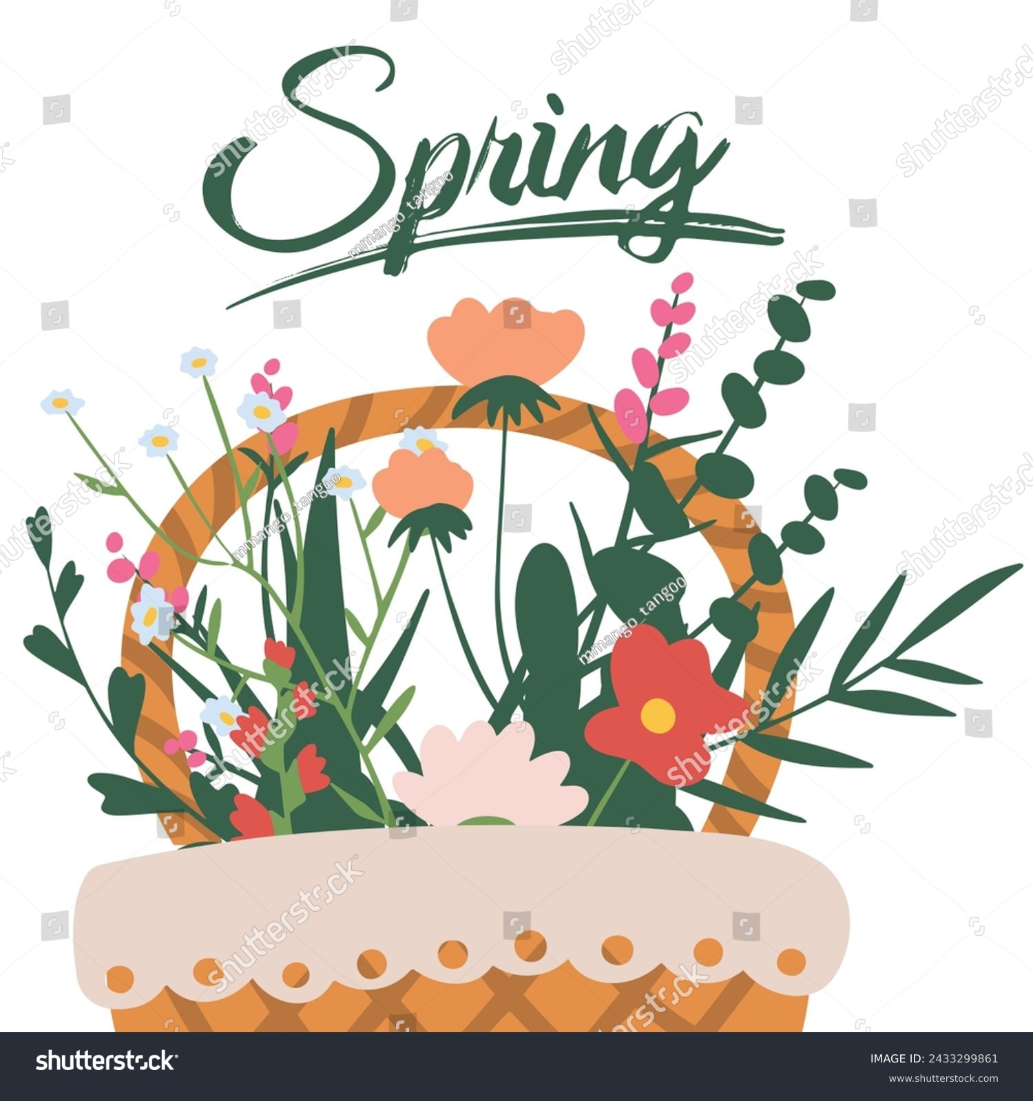 Spring card with typography and flower illustrations. Hello spring card with decorative floral frame, vector illustration, decorative florid background with copy space #2433299861