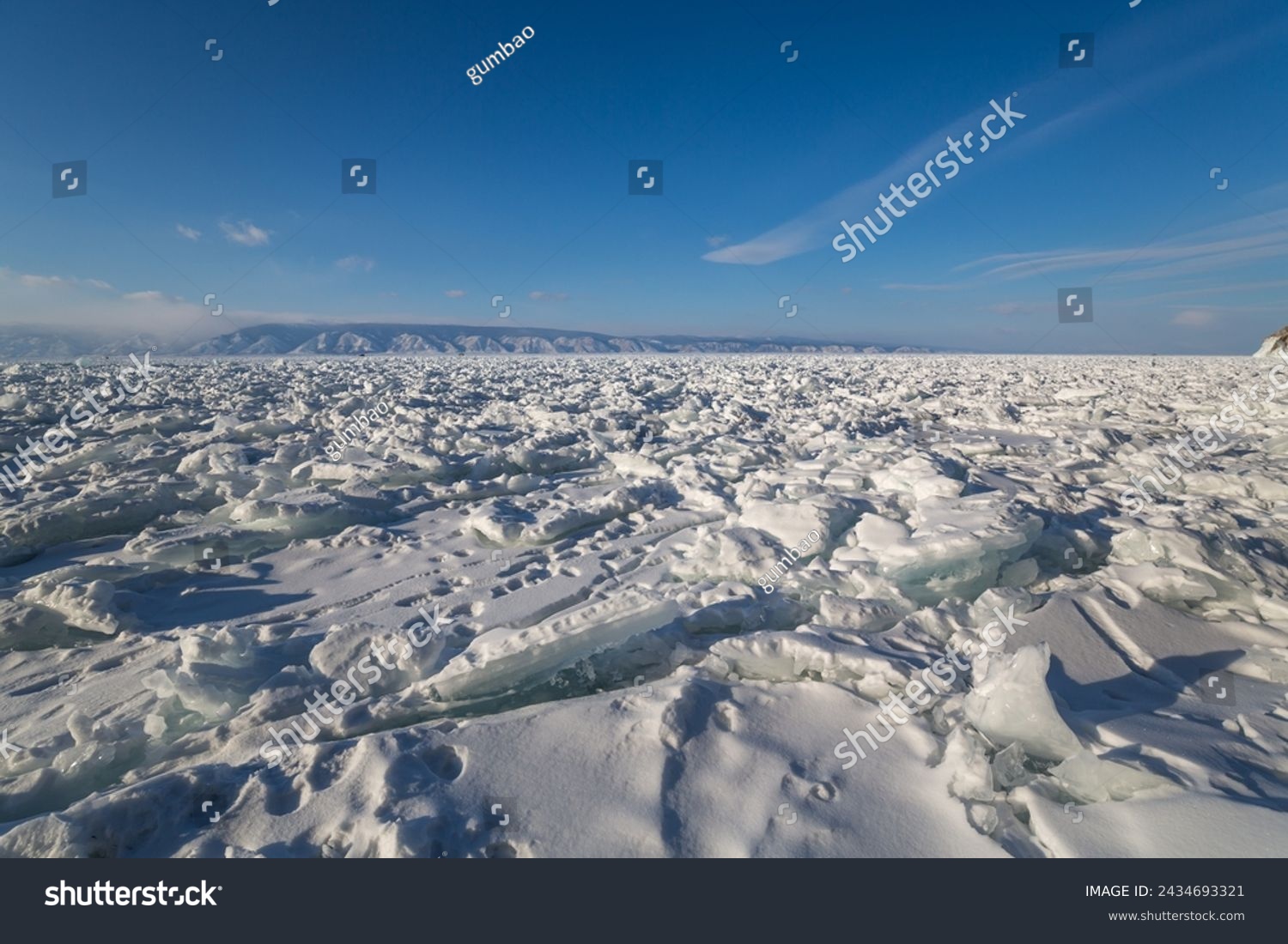 Lake Baikal in winter, the deepest and largest freshwater lake by volume in the world, located in southern Siberia, Russia #2434693321